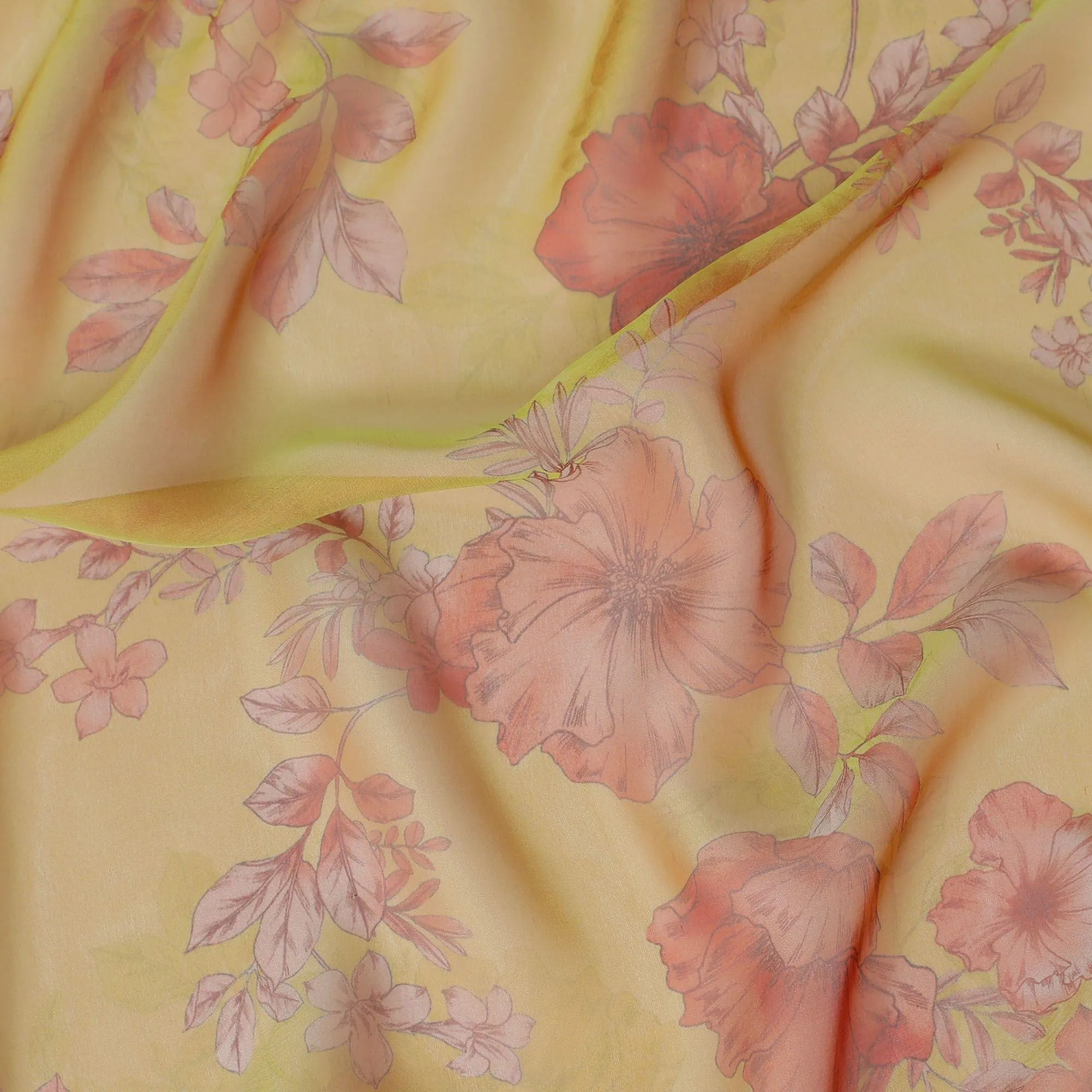 Mustard yellow premium pure silk chiffon fabric with same tone and salamander orange print in floral design-D10634