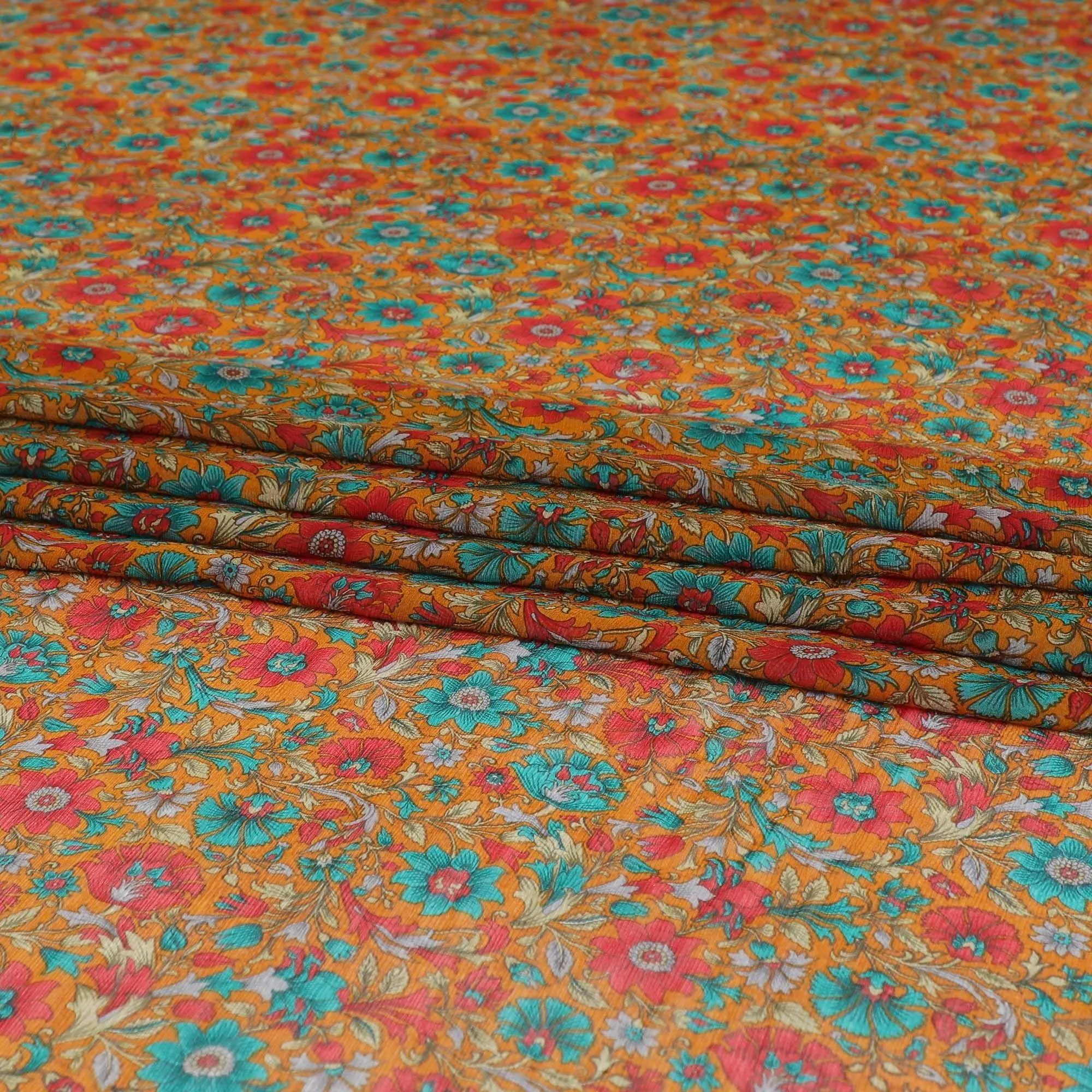 Mustard yellow pure silk crepe fabric with red, laurel green and turquoise blue print in floral design-D8183