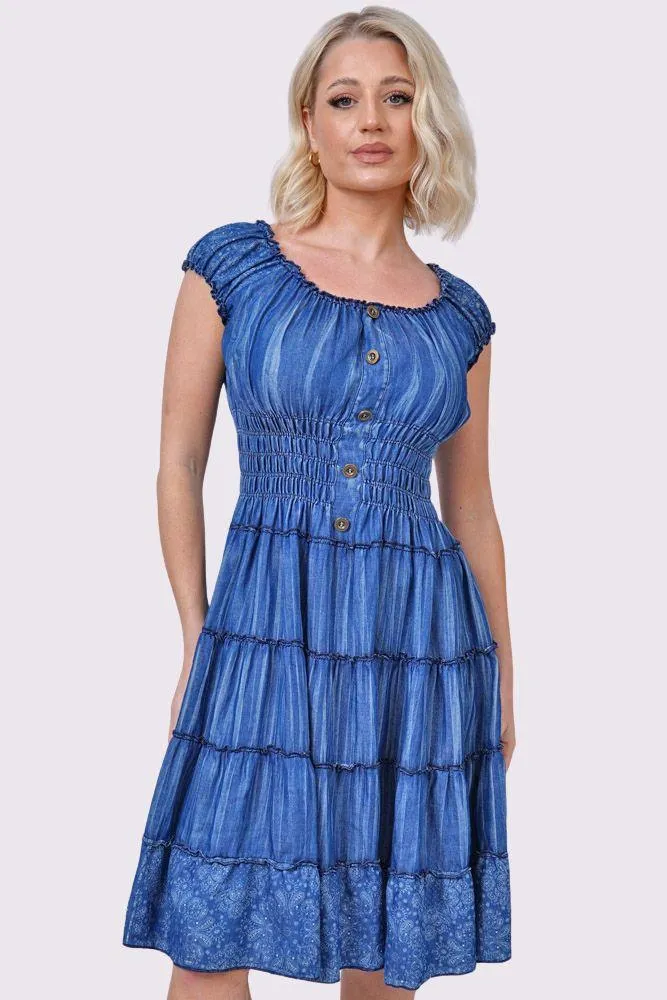 Paisley Print Shirred Waist Tiered Denim Cotton Dress