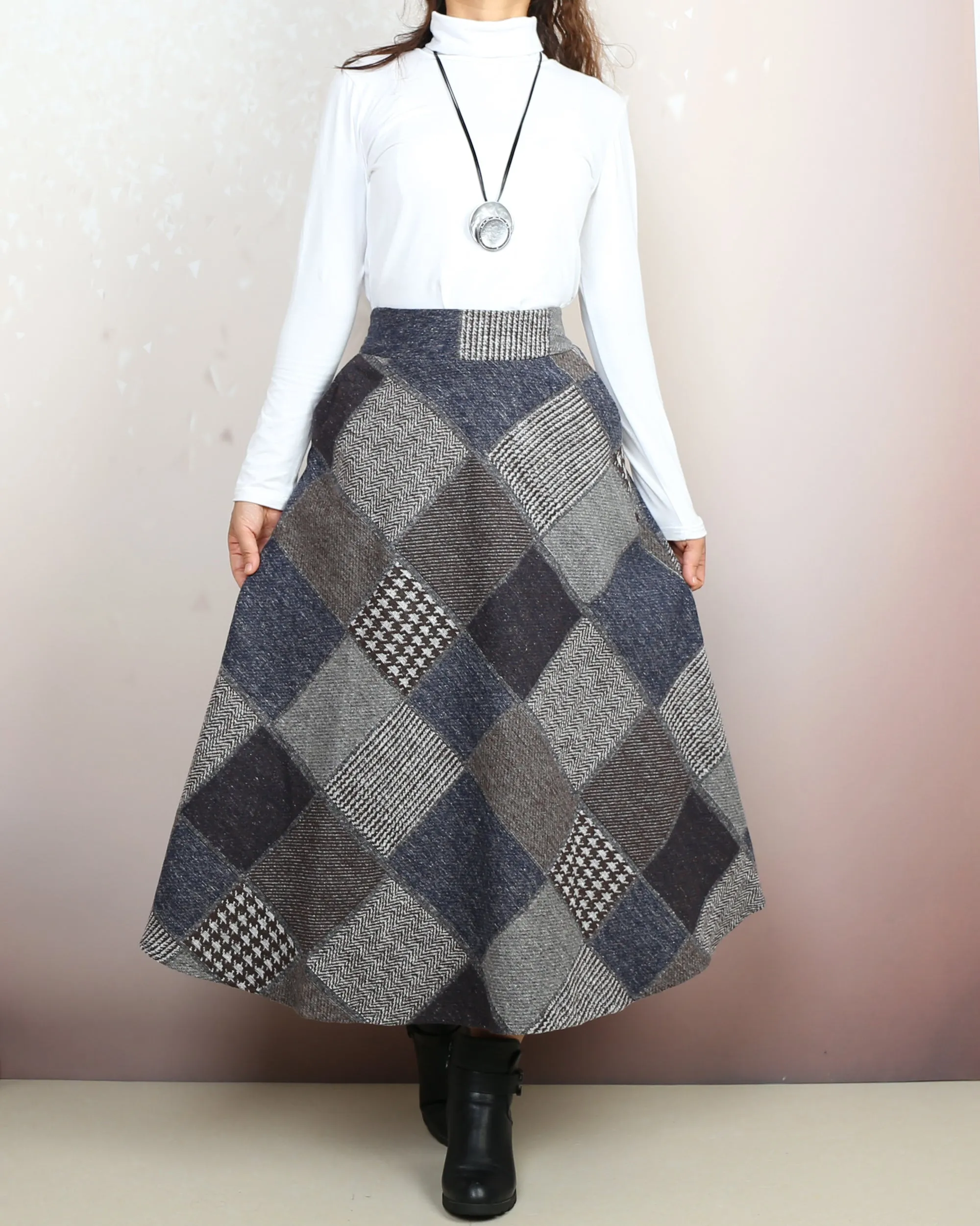 Plaid skirt, wool skirt, winter skirt women, flared skirt, boho skirt, elastic waist skirt, long skirt(Q2140)