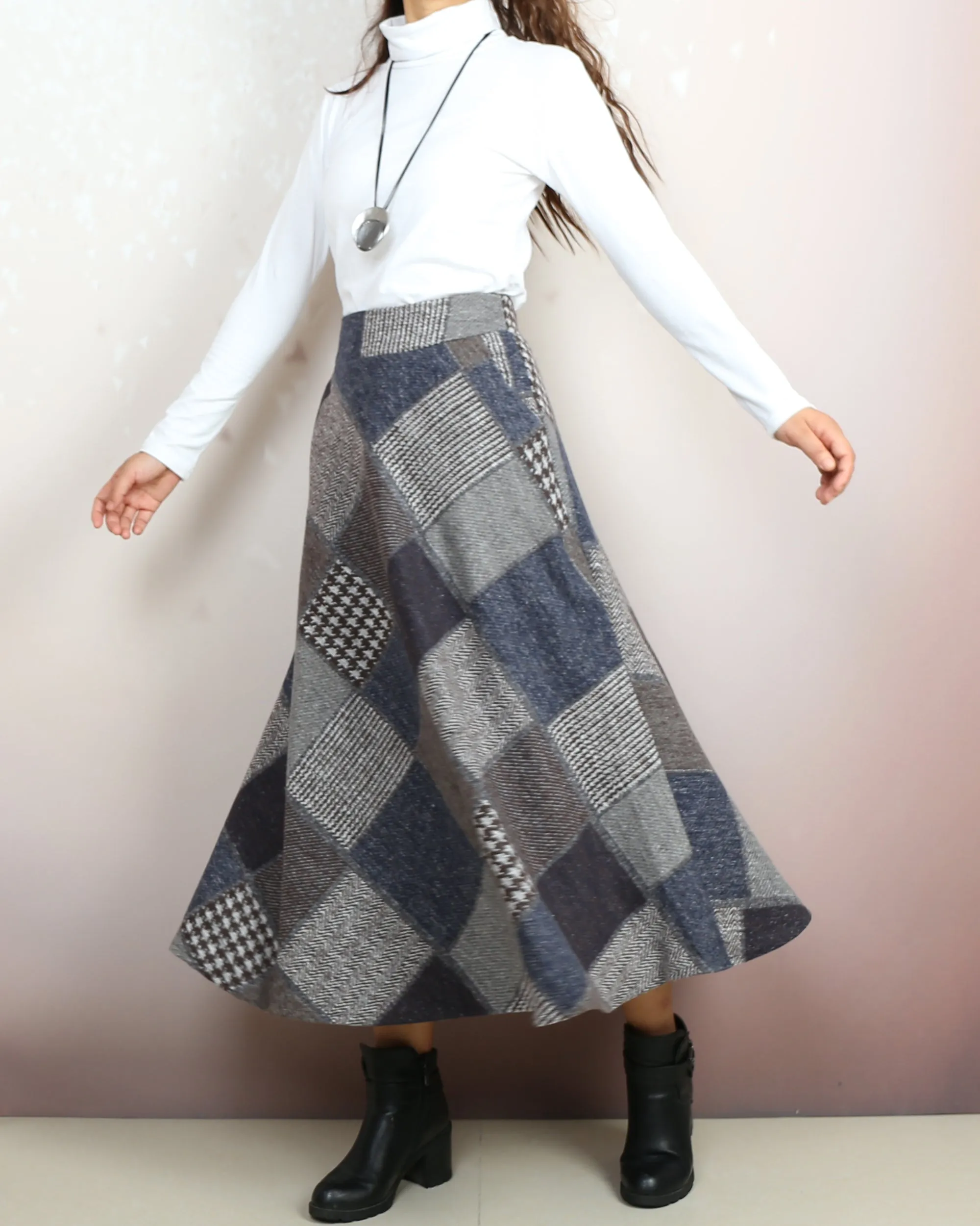 Plaid skirt, wool skirt, winter skirt women, flared skirt, boho skirt, elastic waist skirt, long skirt(Q2140)