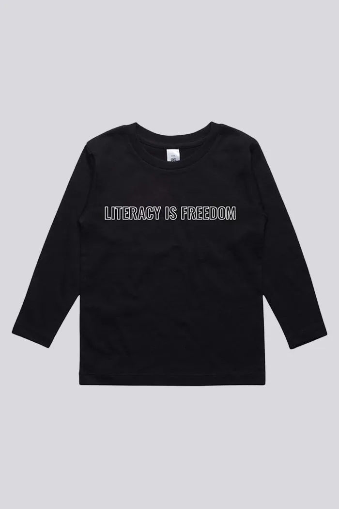 "Literacy is Freedom" Black Cotton Crew Neck Kids Long Sleeve T-Shirt