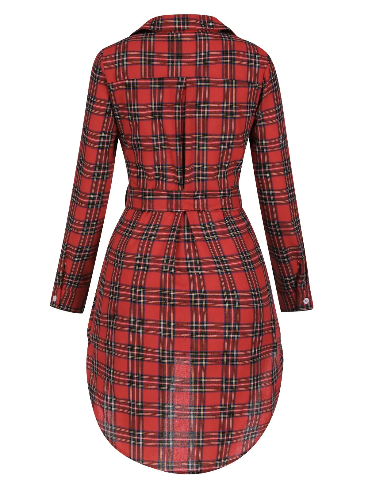 Red 1940s Lapel Plaids High-Low Hem Belted Coat