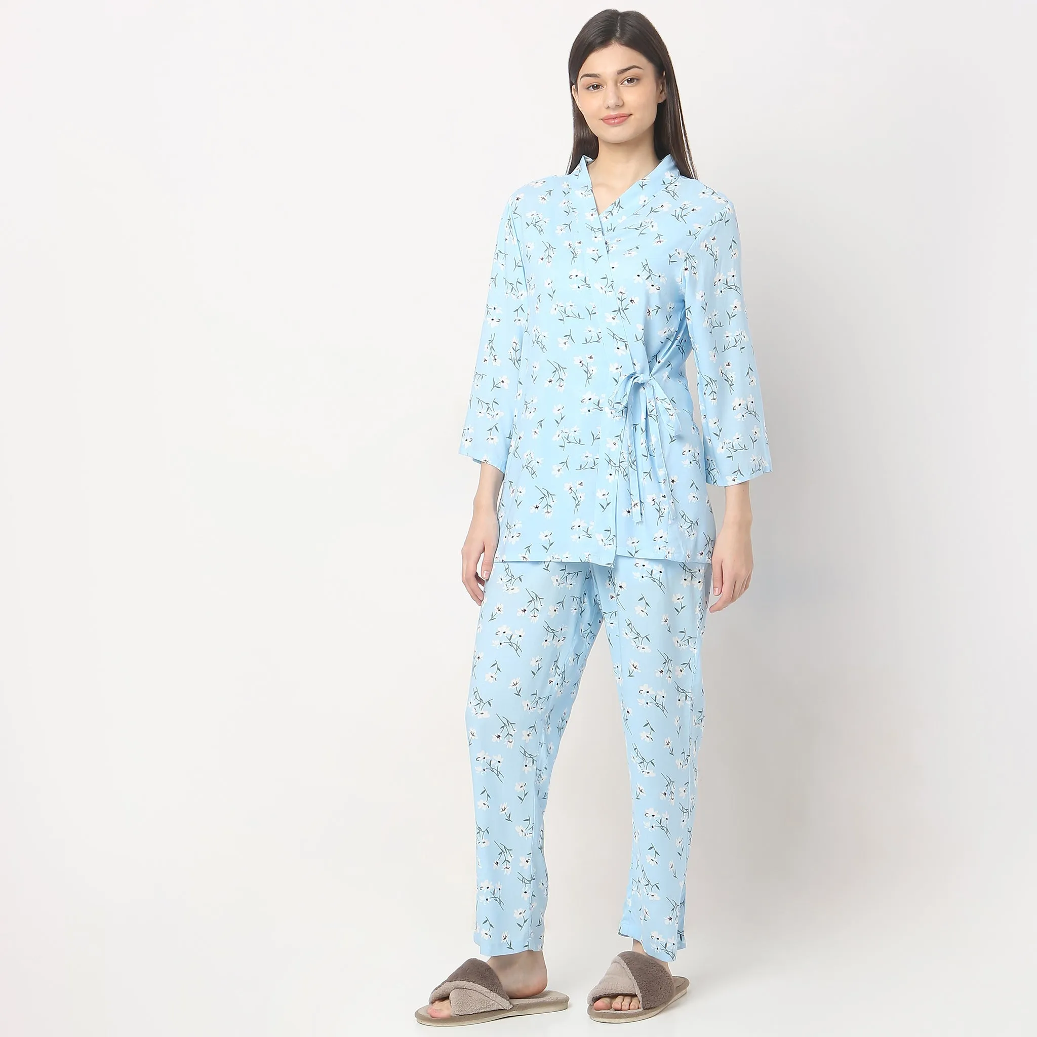 Regular Fit Printed Slip and Pyjama with Shrug Set