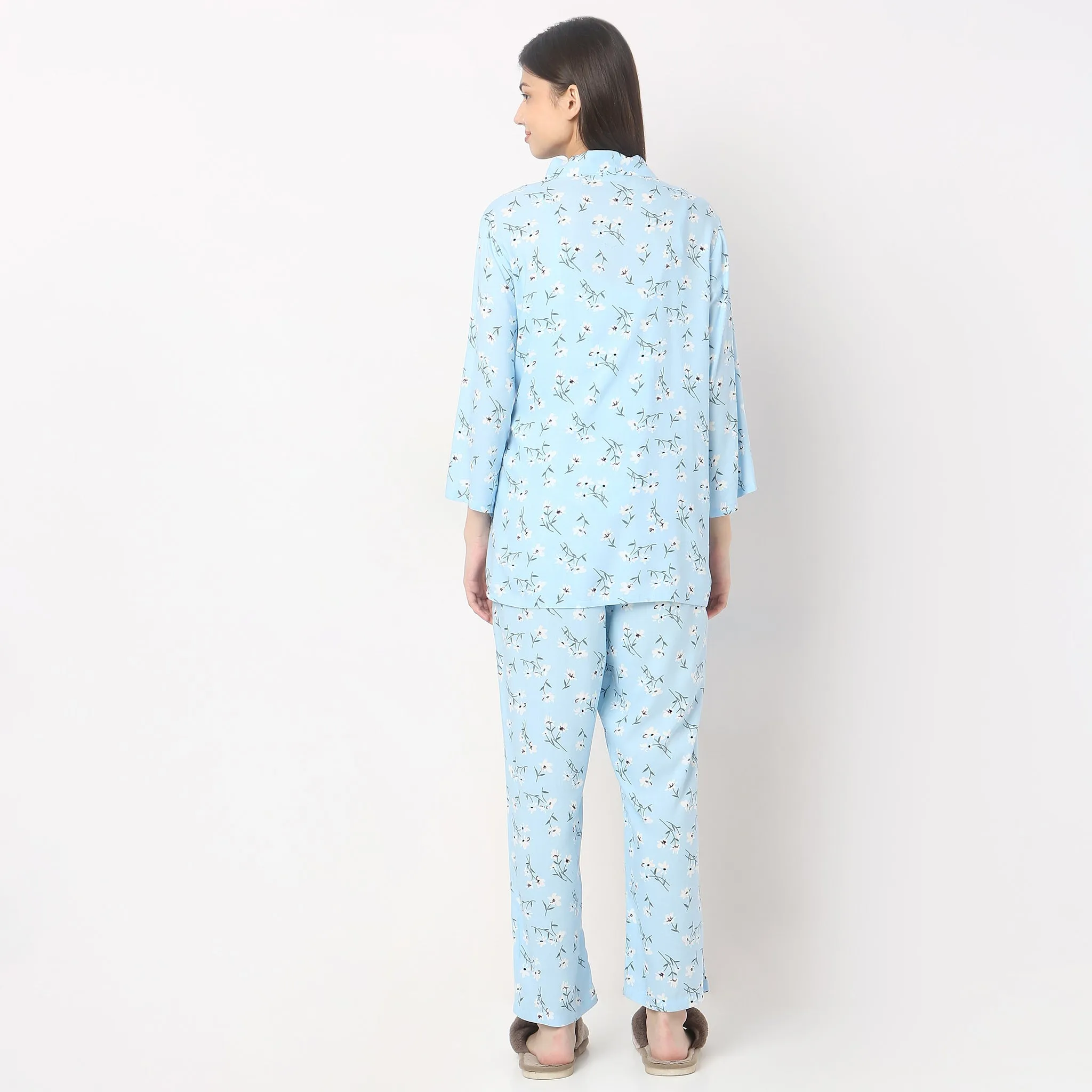 Regular Fit Printed Slip and Pyjama with Shrug Set