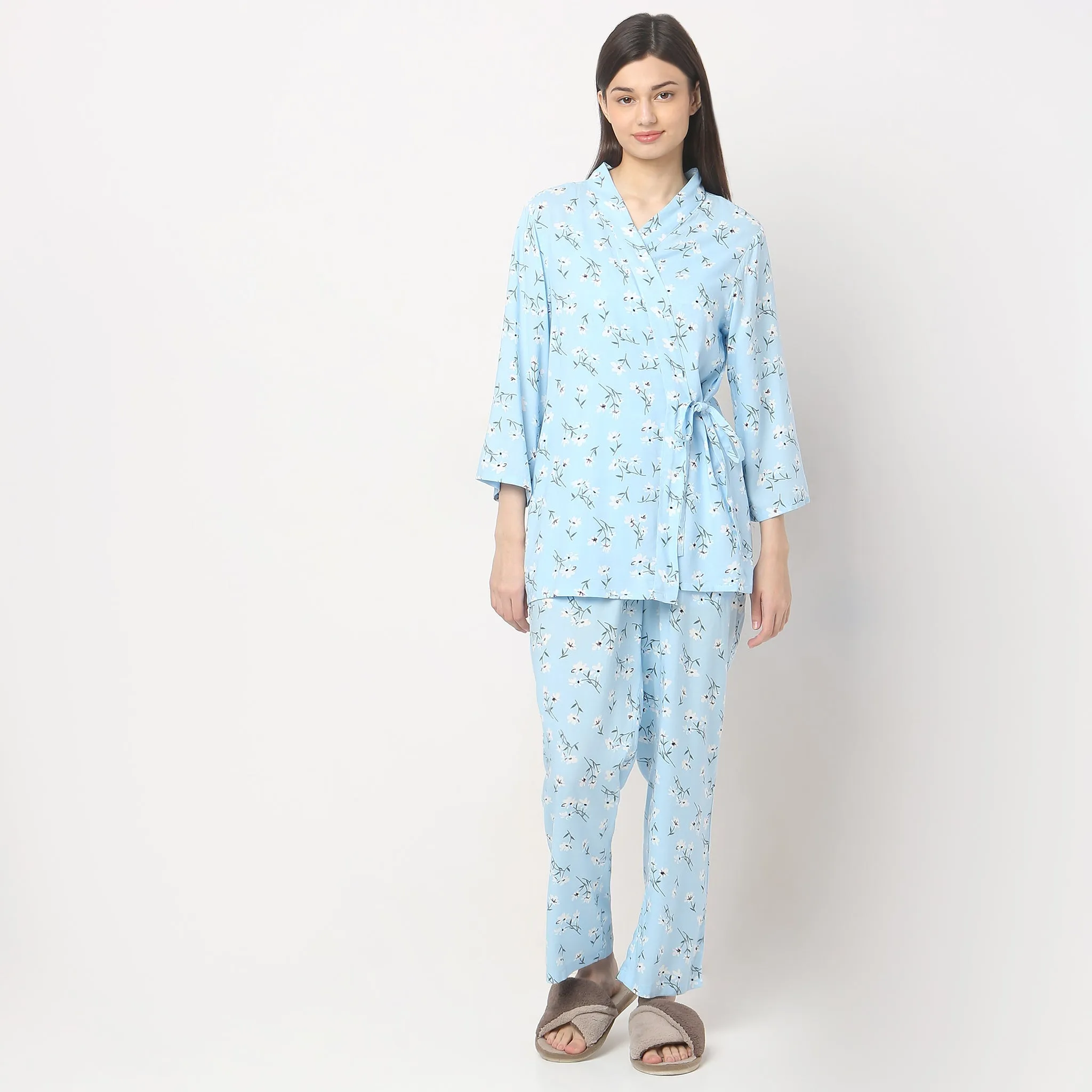 Regular Fit Printed Slip and Pyjama with Shrug Set