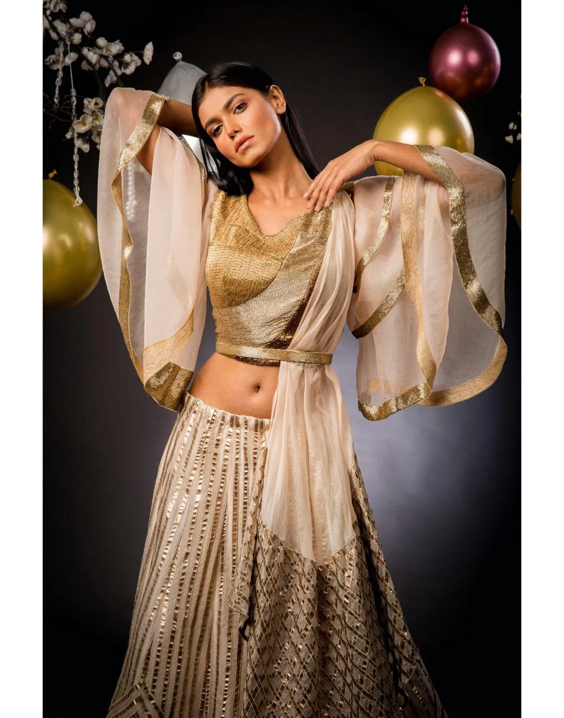 Rent Designer Gold Foil Ghagra With Layered Sleeve