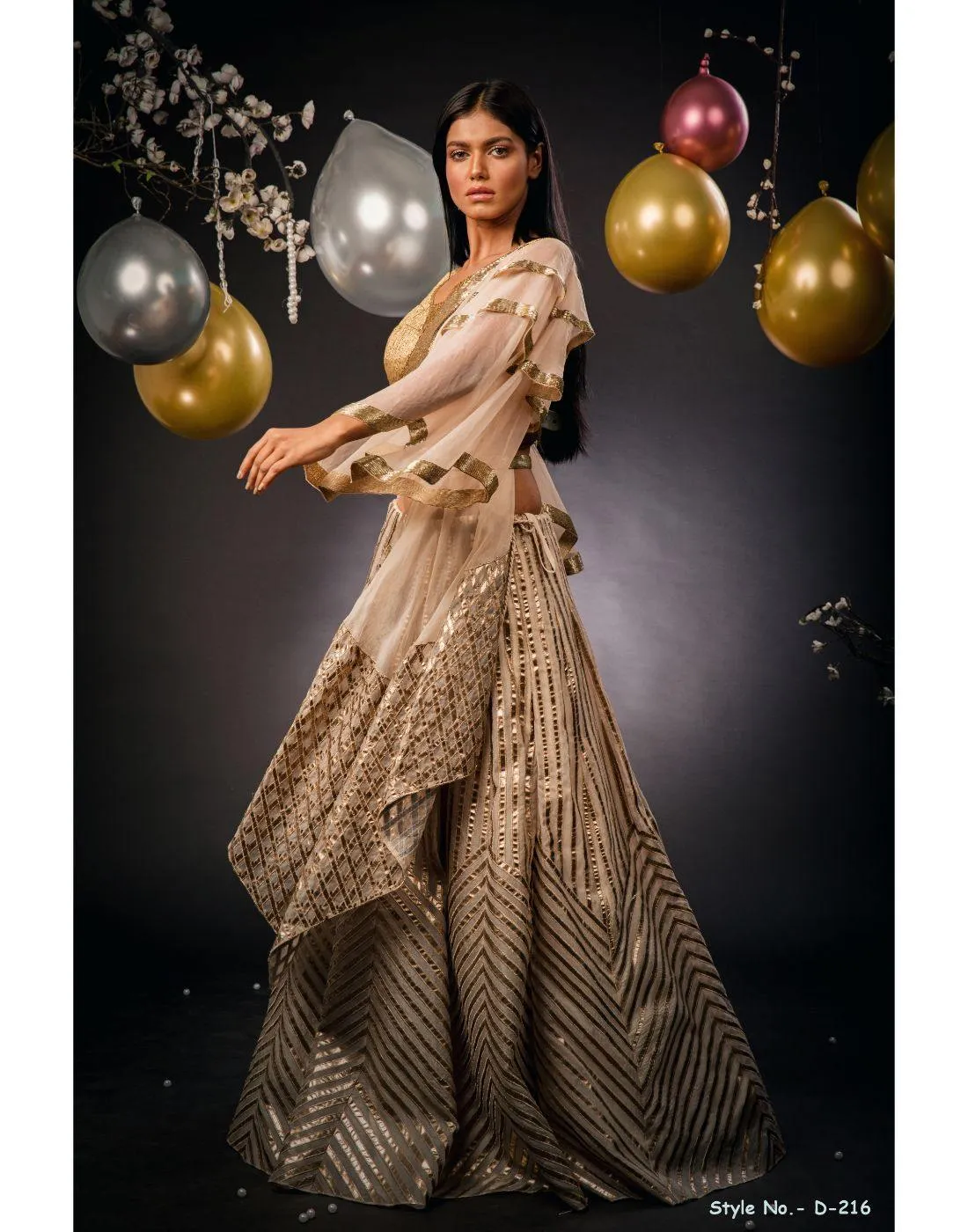 Rent Designer Gold Foil Ghagra With Layered Sleeve