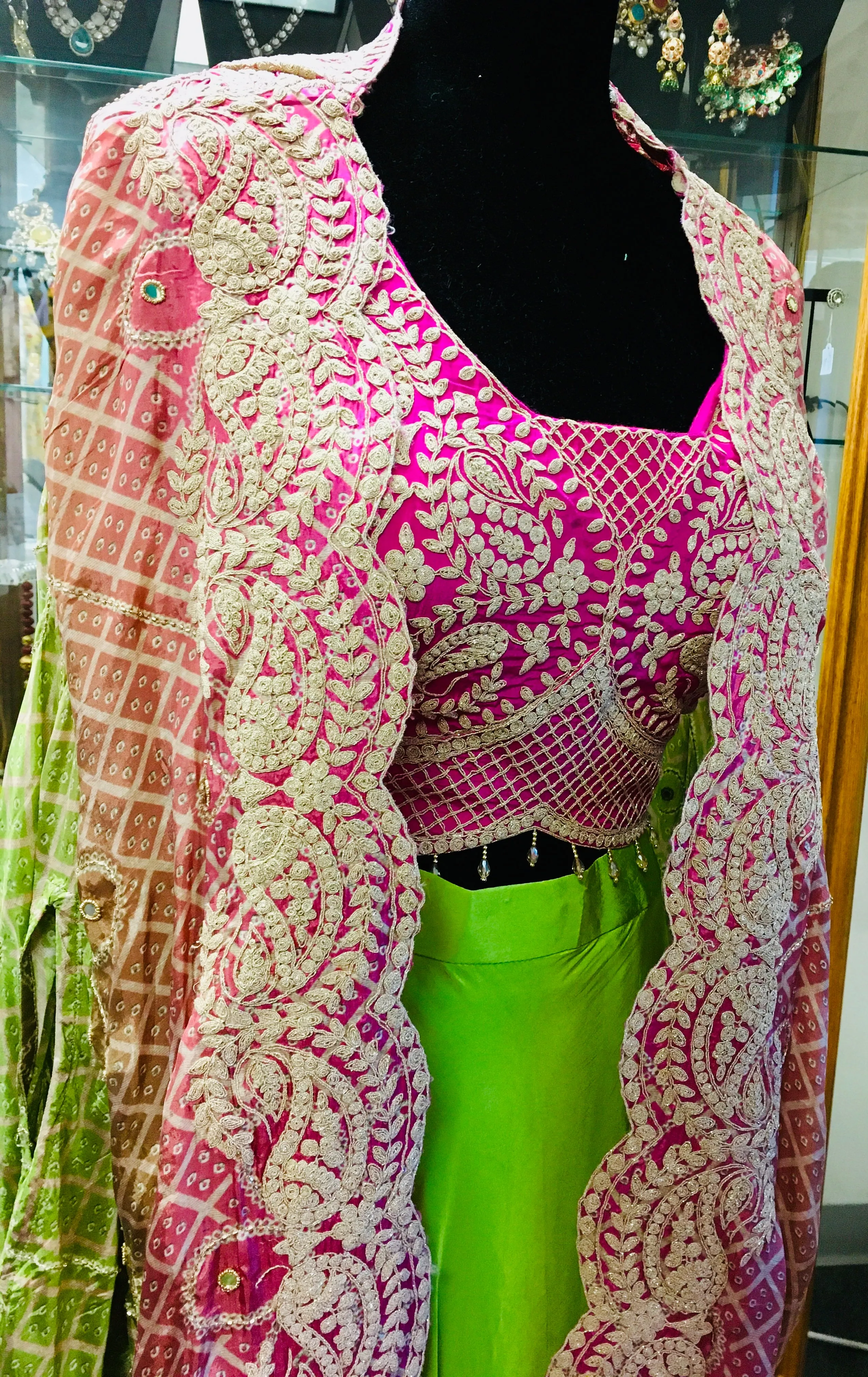 RFSS2003 -Pure Crepe Neon Green Pleated Skirt With Pink Heavy Embroidered Blouse With Bandhej Jacket