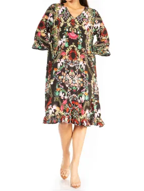 Sakkas Ozana Women's Floral Midi Cocktail Dress, V-Neck, 3/4 Sleeve