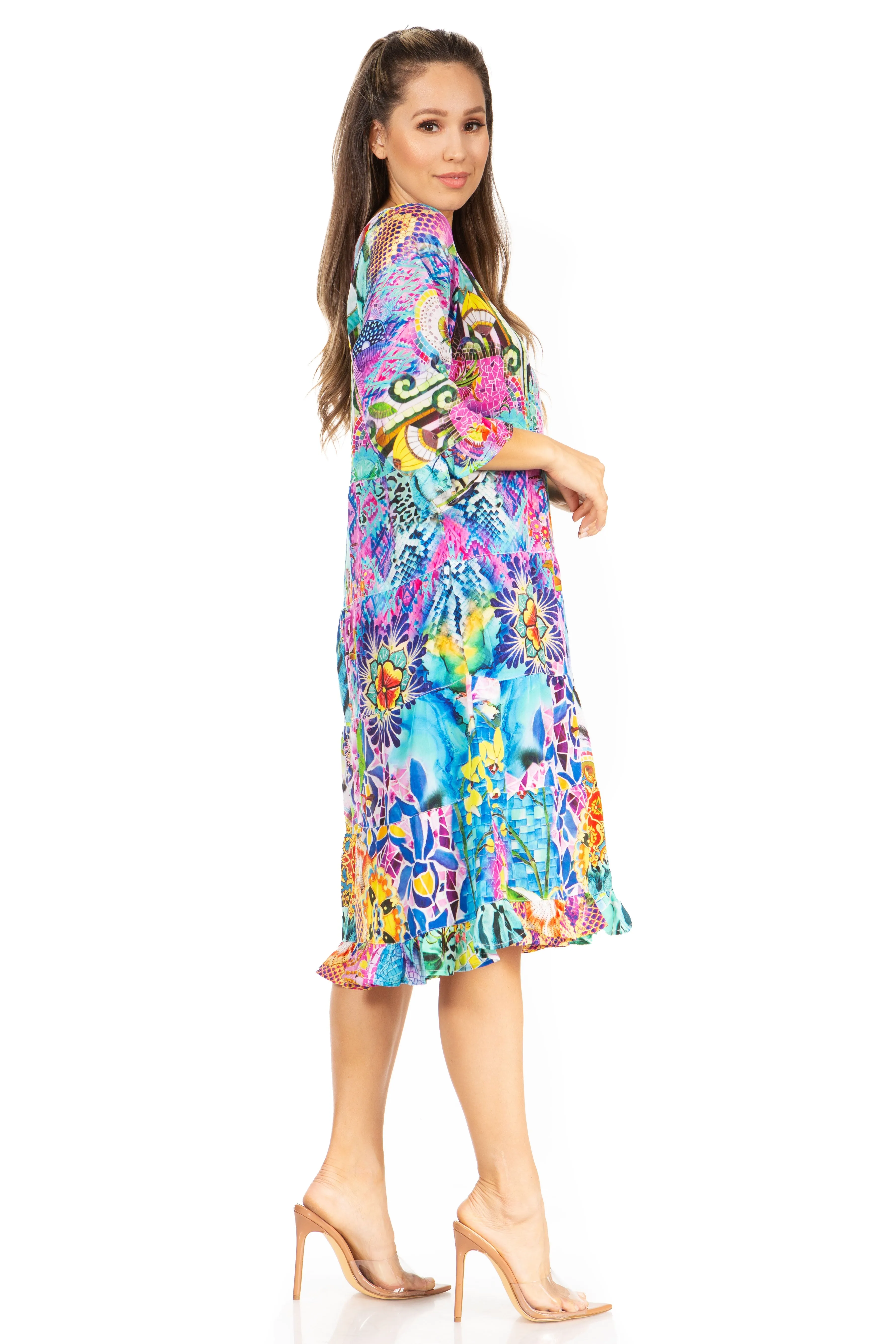 Sakkas Ozana Women's Floral Midi Cocktail Dress, V-Neck, 3/4 Sleeve