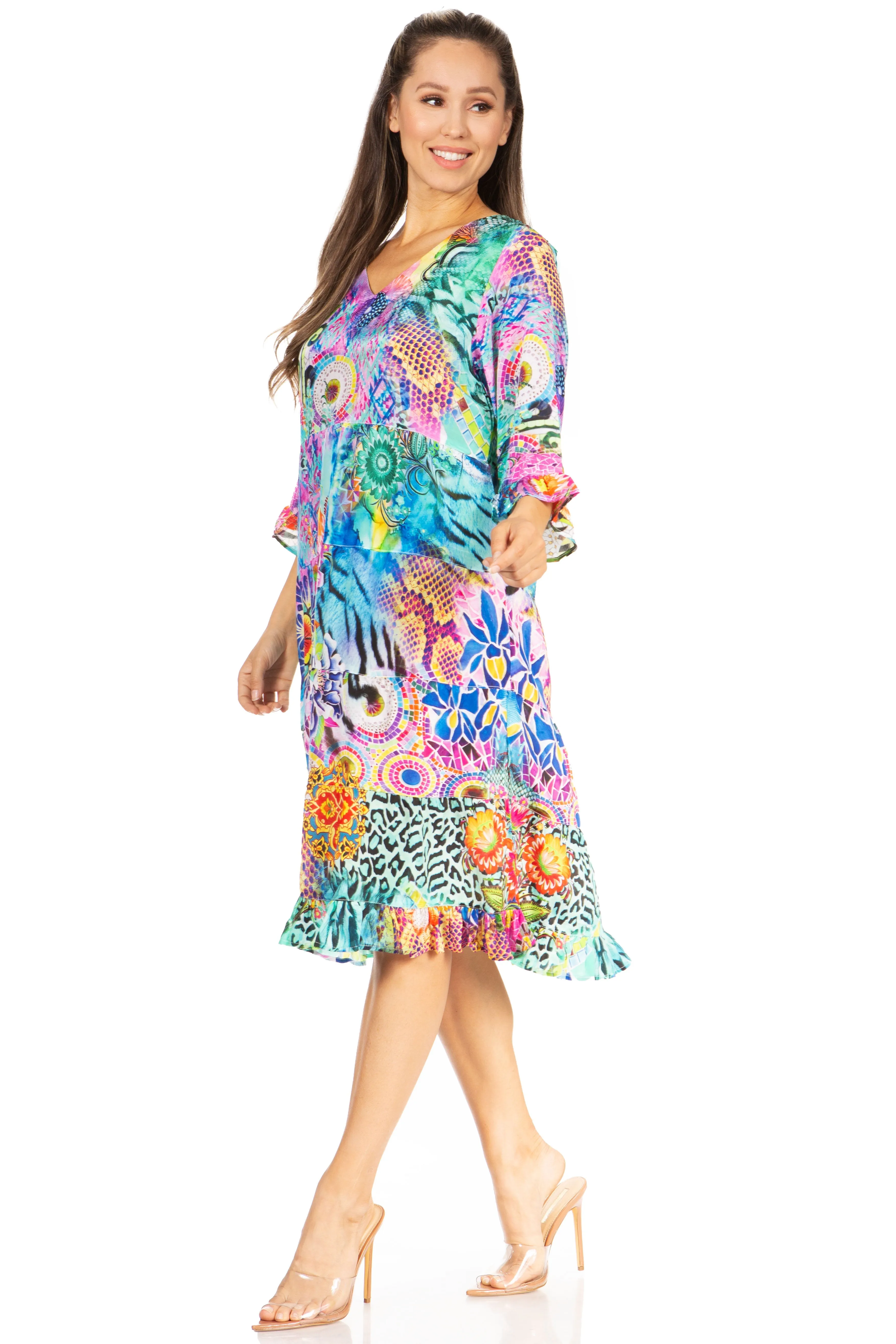 Sakkas Ozana Women's Floral Midi Cocktail Dress, V-Neck, 3/4 Sleeve