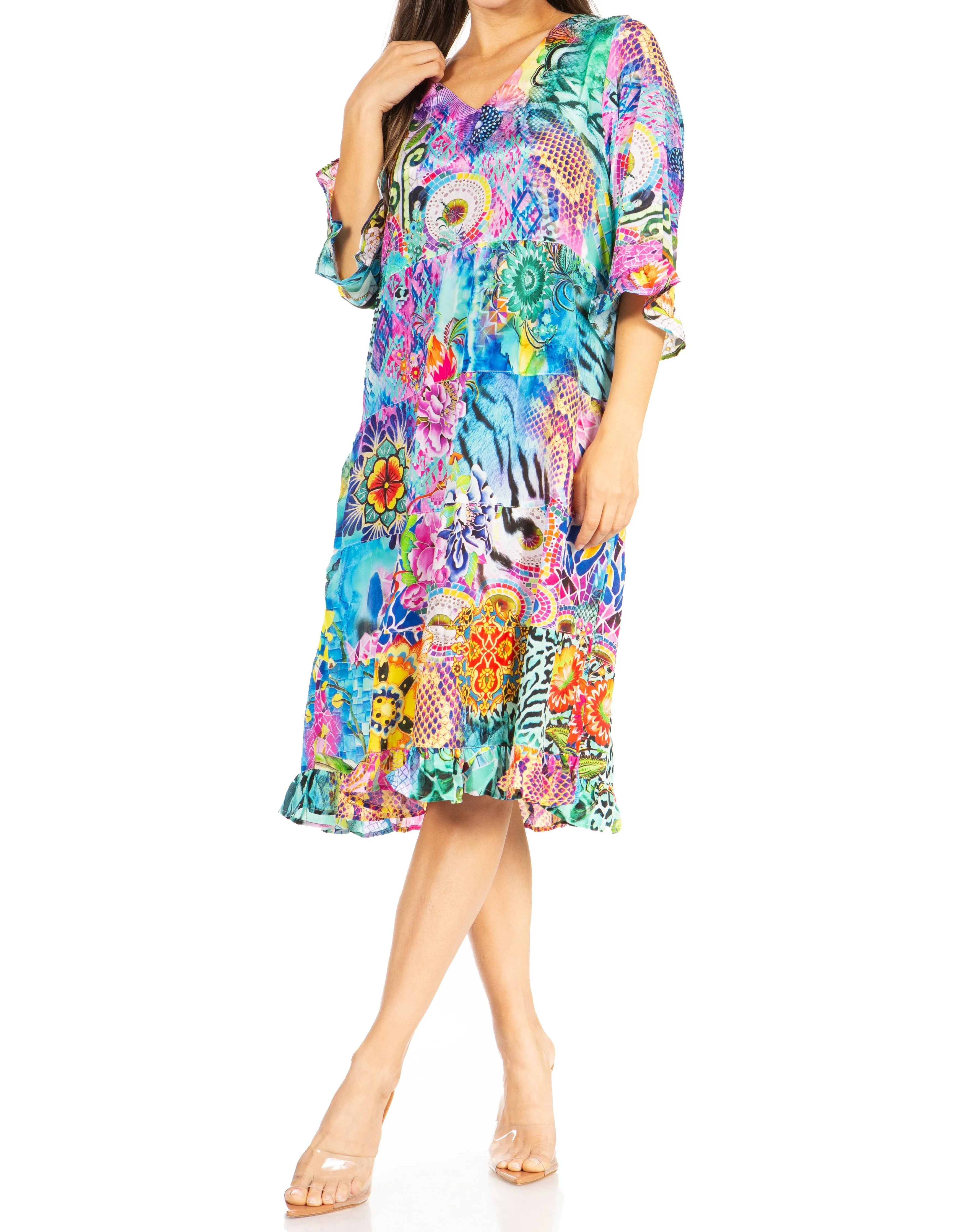 Sakkas Ozana Women's Floral Midi Cocktail Dress, V-Neck, 3/4 Sleeve