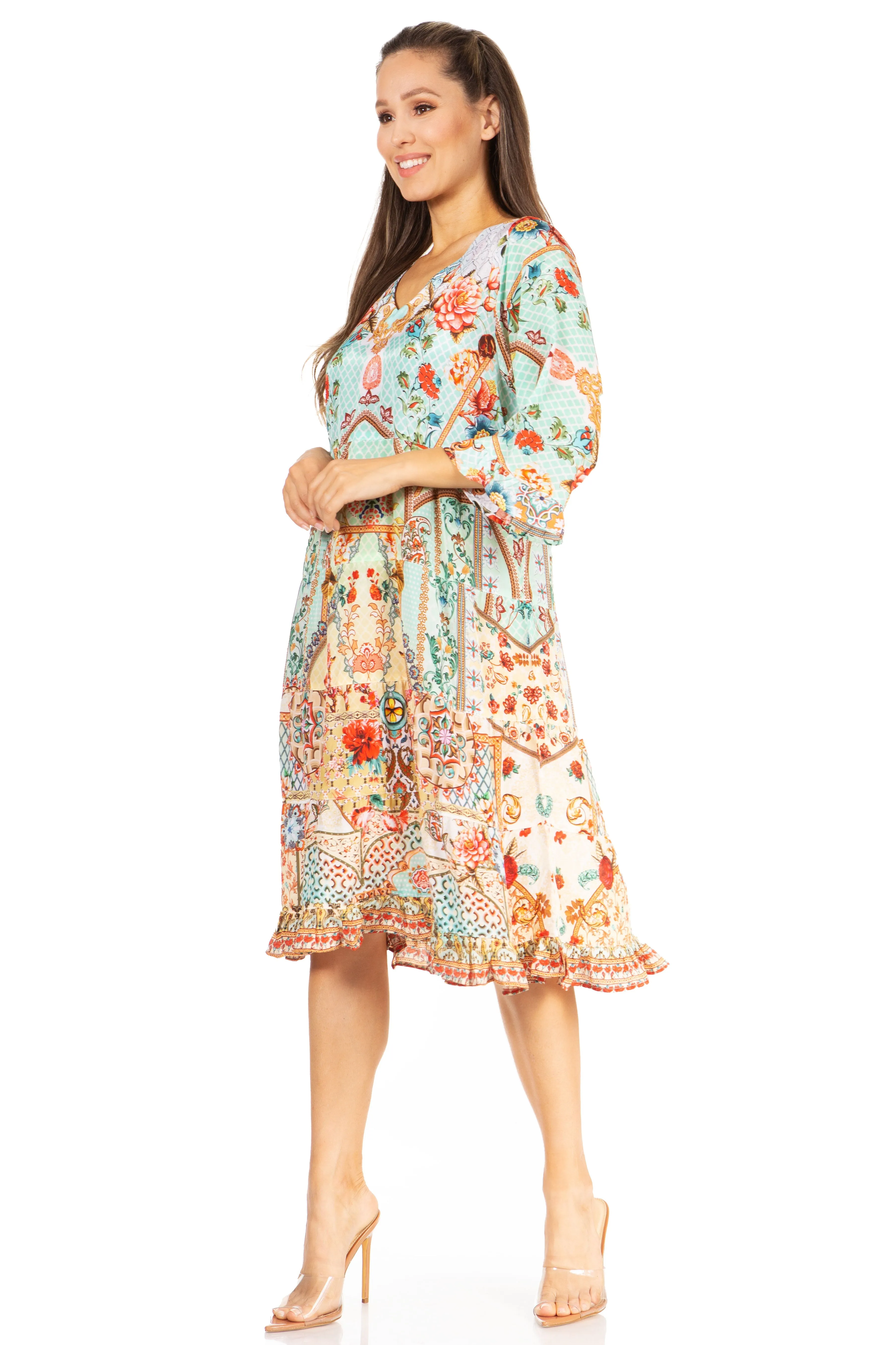 Sakkas Ozana Women's Floral Midi Cocktail Dress, V-Neck, 3/4 Sleeve