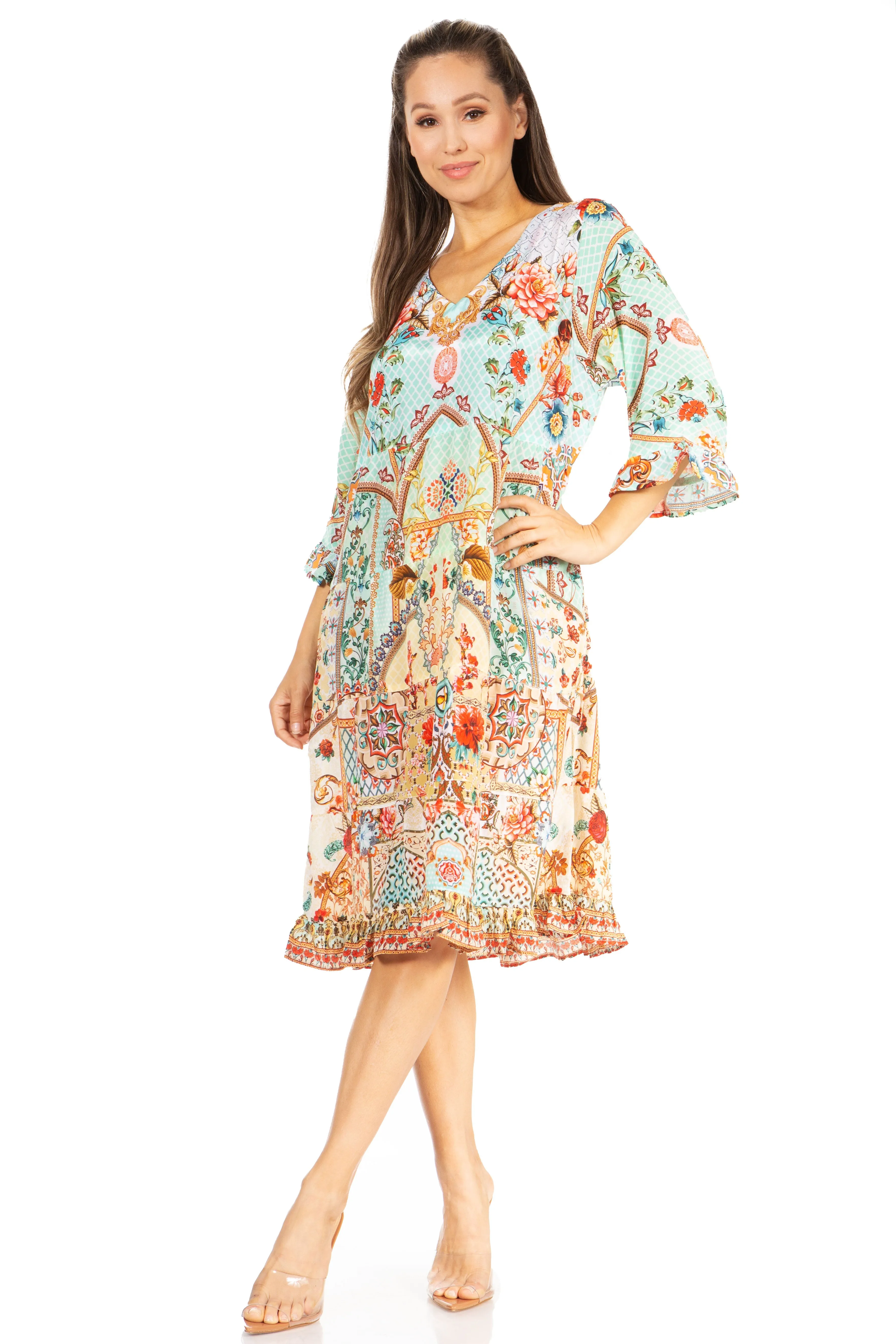 Sakkas Ozana Women's Floral Midi Cocktail Dress, V-Neck, 3/4 Sleeve