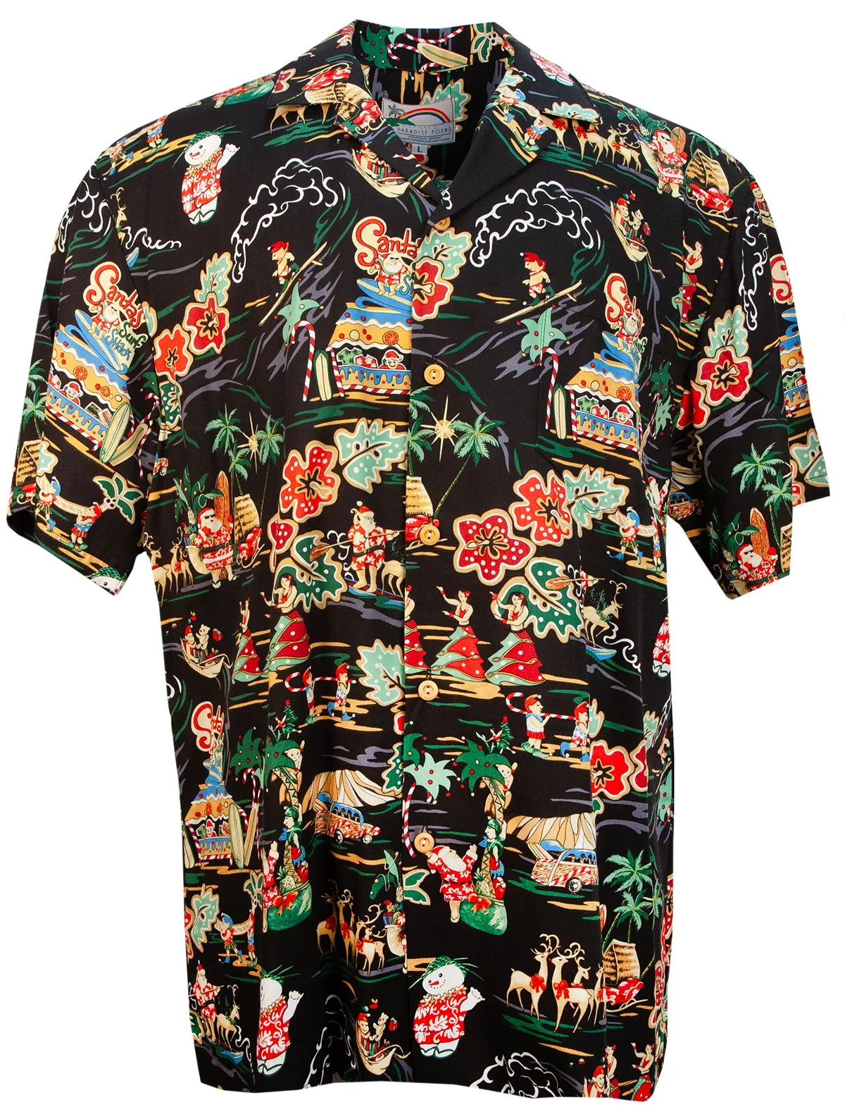 Santa's Surf Shack Mens Hawaiian Christmas Shirt in Black