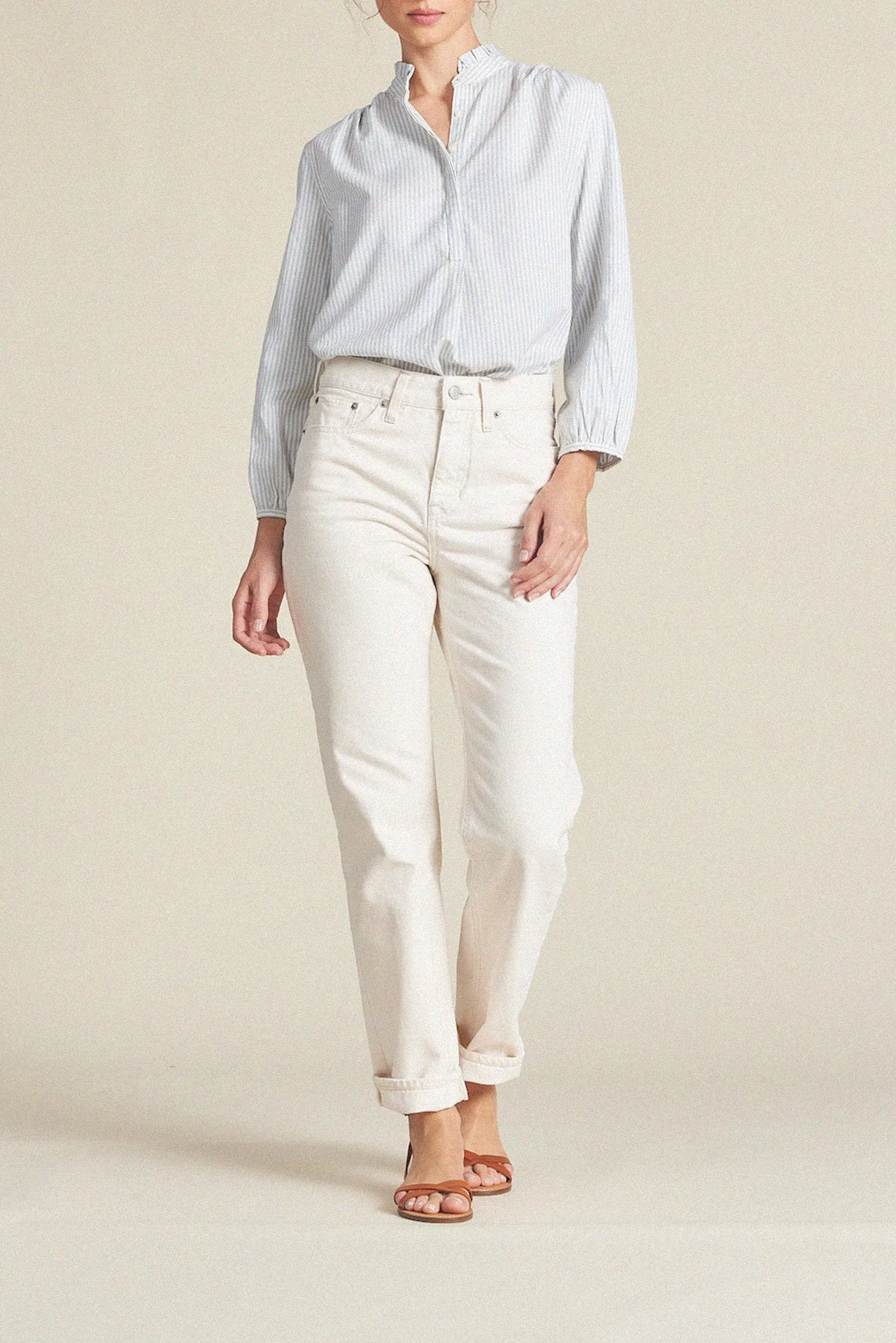 Sara "B" Henley Shirt Light Blue Oxford Stripe