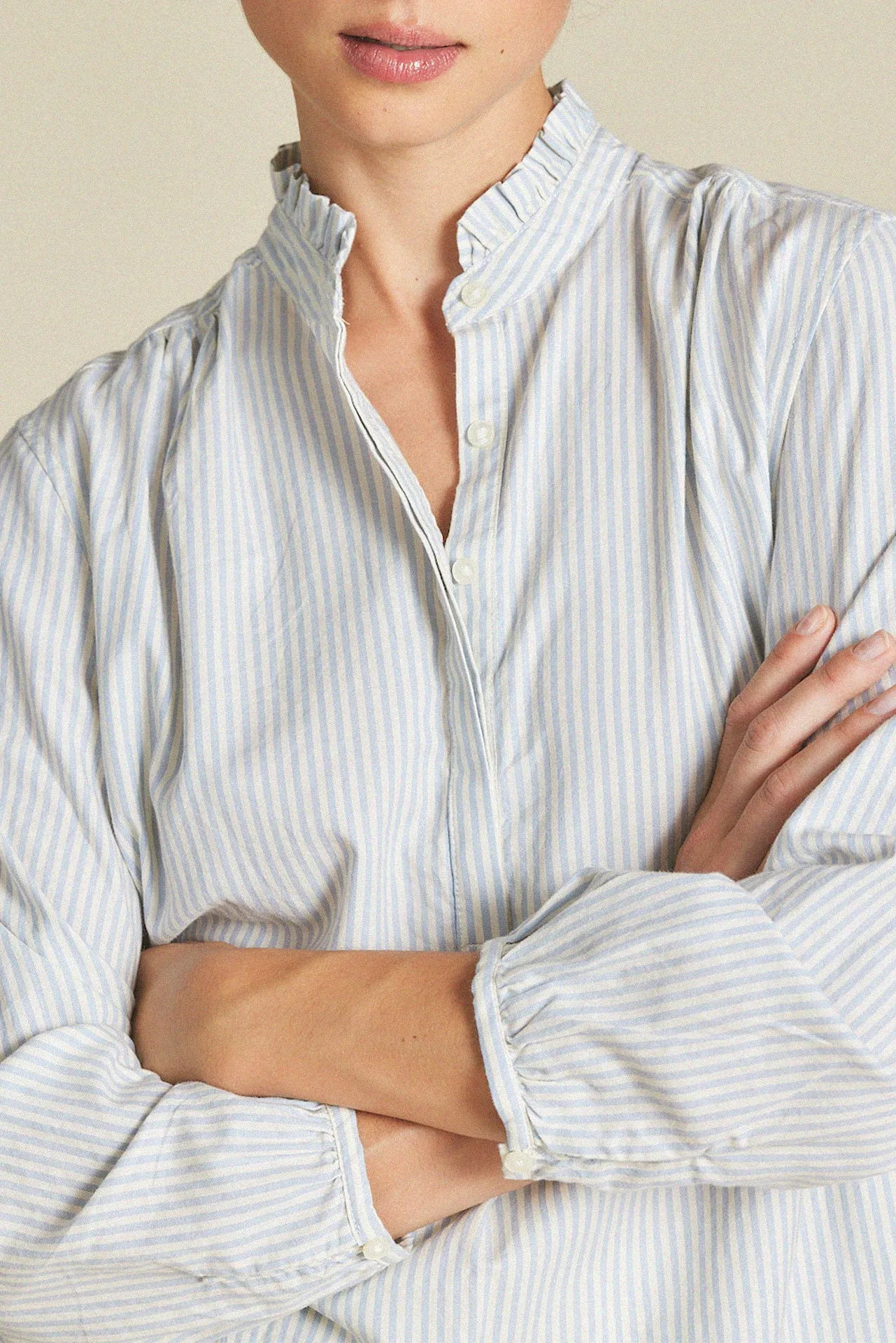 Sara "B" Henley Shirt Light Blue Oxford Stripe