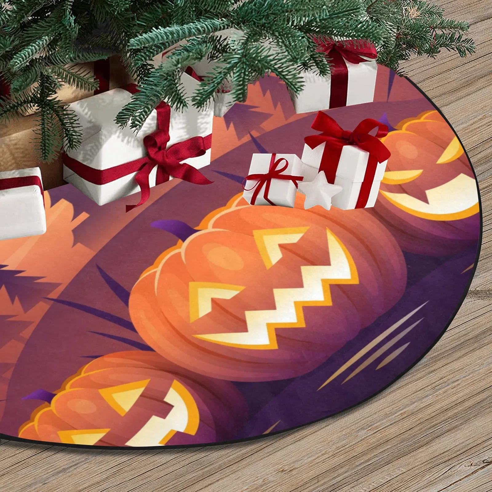 Scary Pumpkins Halloween Tree Skirt, Orange Christmas Small Large Cover Home Decor Decoration All Hallows Eve Creepy Spooky Party