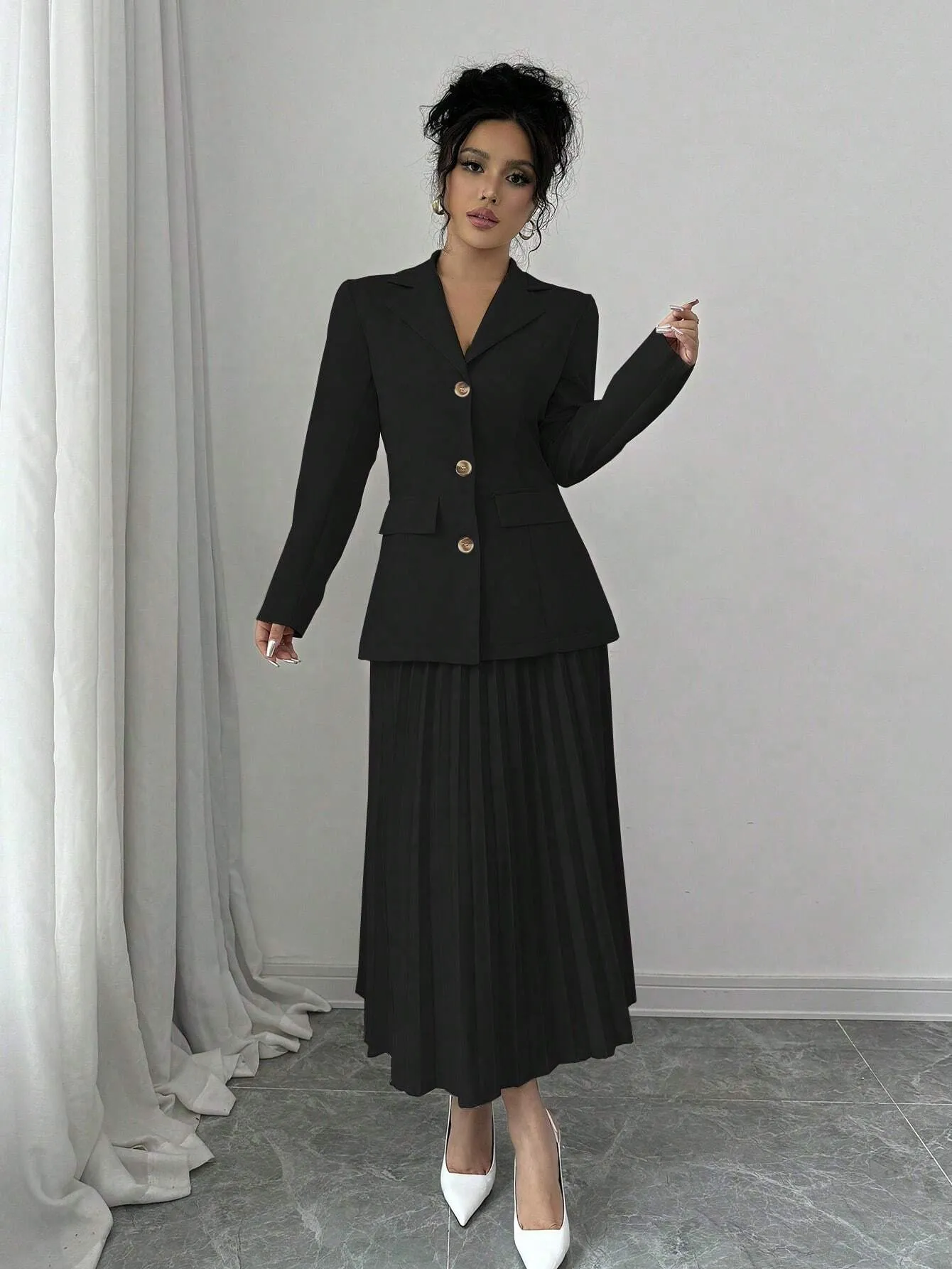 SHEIN Elenzya Women Plain Front Button Long Sleeve Blazer And A-Line Pleated Skirt Suit Set