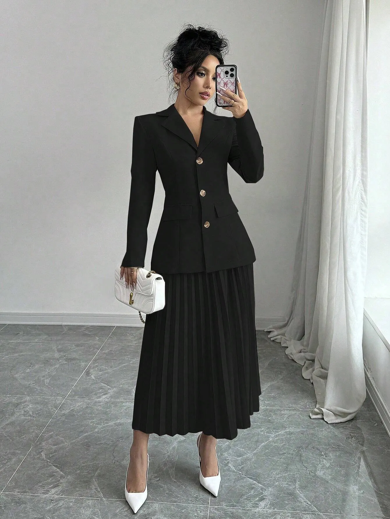 SHEIN Elenzya Women Plain Front Button Long Sleeve Blazer And A-Line Pleated Skirt Suit Set