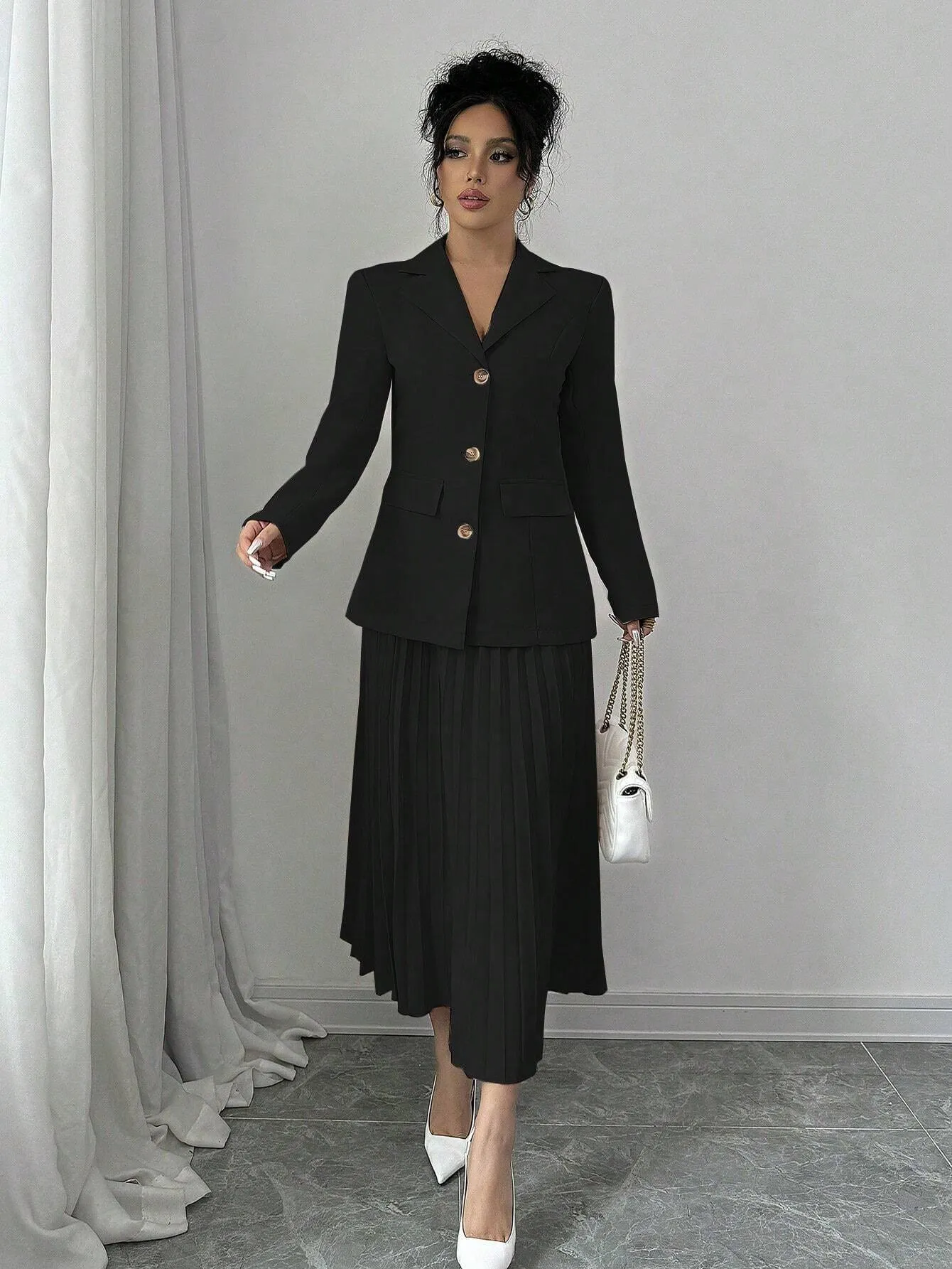 SHEIN Elenzya Women Plain Front Button Long Sleeve Blazer And A-Line Pleated Skirt Suit Set