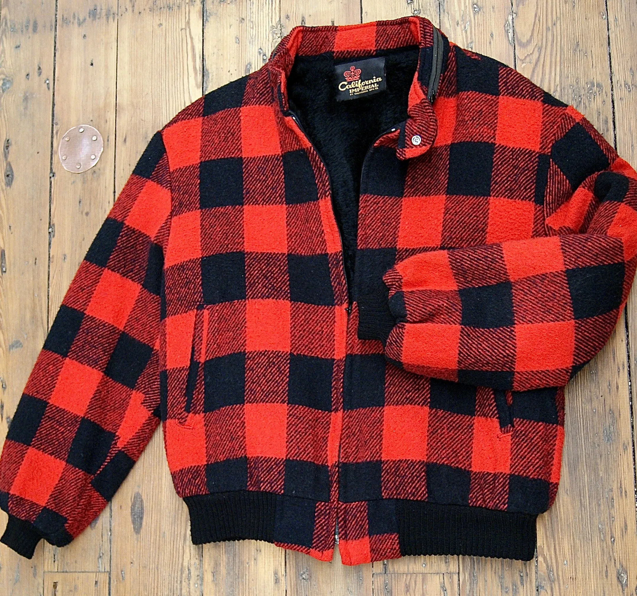Sherpa-Lined Buffalo Plaid Wool Bomber Jacket [1970s, women’s large]