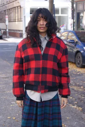 Sherpa-Lined Buffalo Plaid Wool Bomber Jacket [1970s, women’s large]