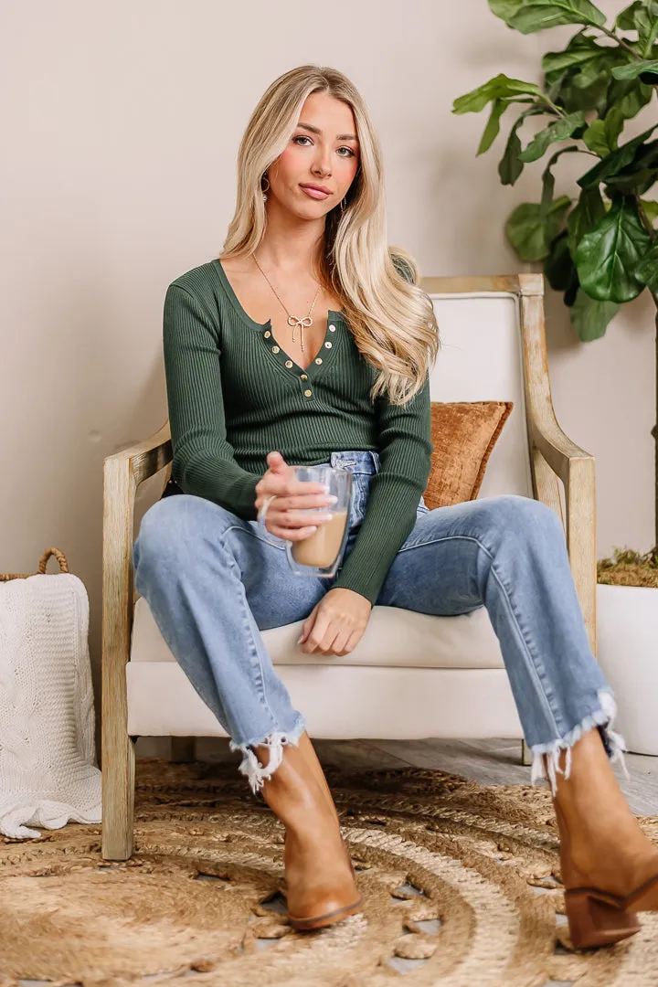 Steal The Show Ribbed Henley Top | Green