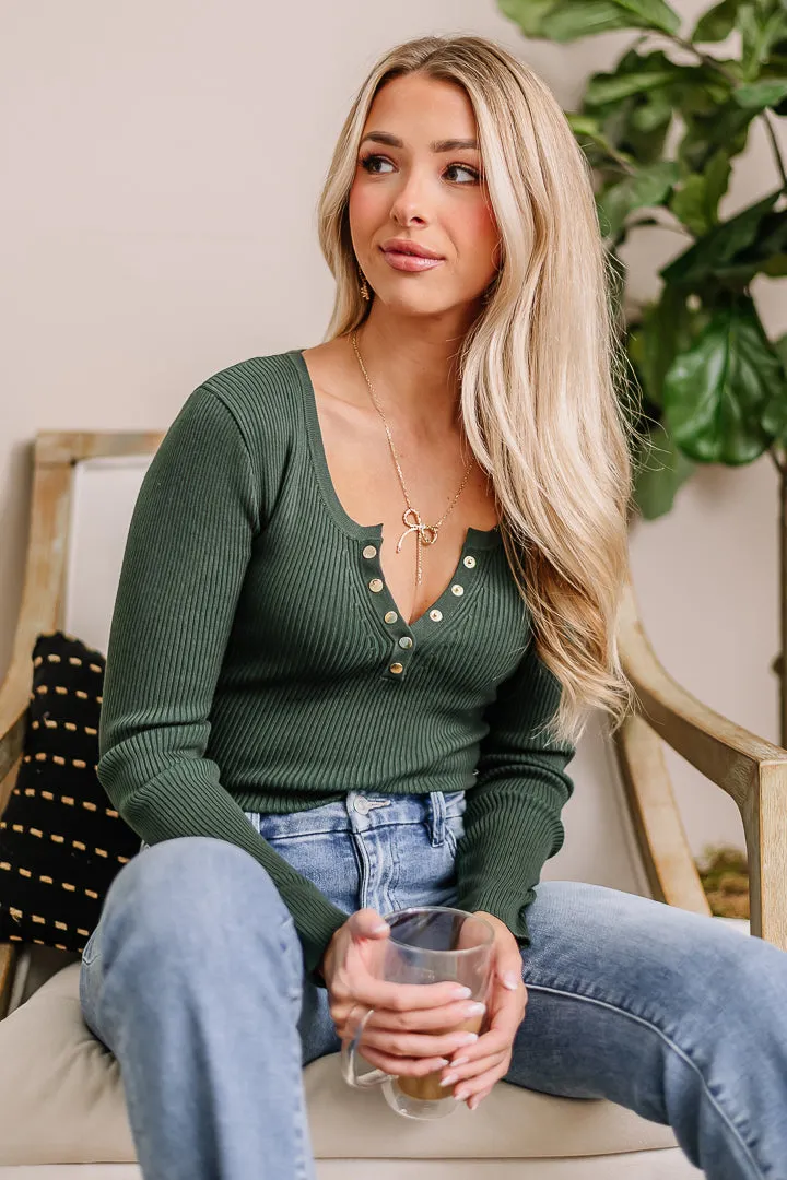 Steal The Show Ribbed Henley Top | Green