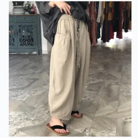 Summer Linen Wide Leg Pants Autumn Women Casual Pants with Pockets PZ97248