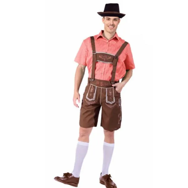 Traditional Oktoberfest Red Checkered Lederhosen Bavarian Beer Man Costume