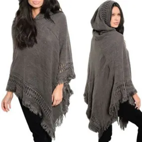 Trendy fringe boho hoodie poncho sweater