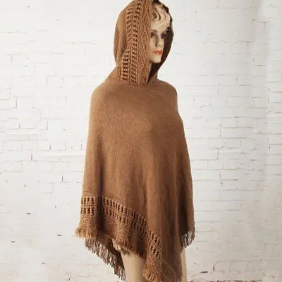 Trendy fringe boho hoodie poncho sweater