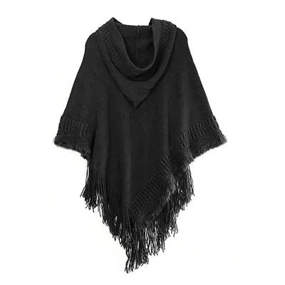 Trendy fringe boho hoodie poncho sweater