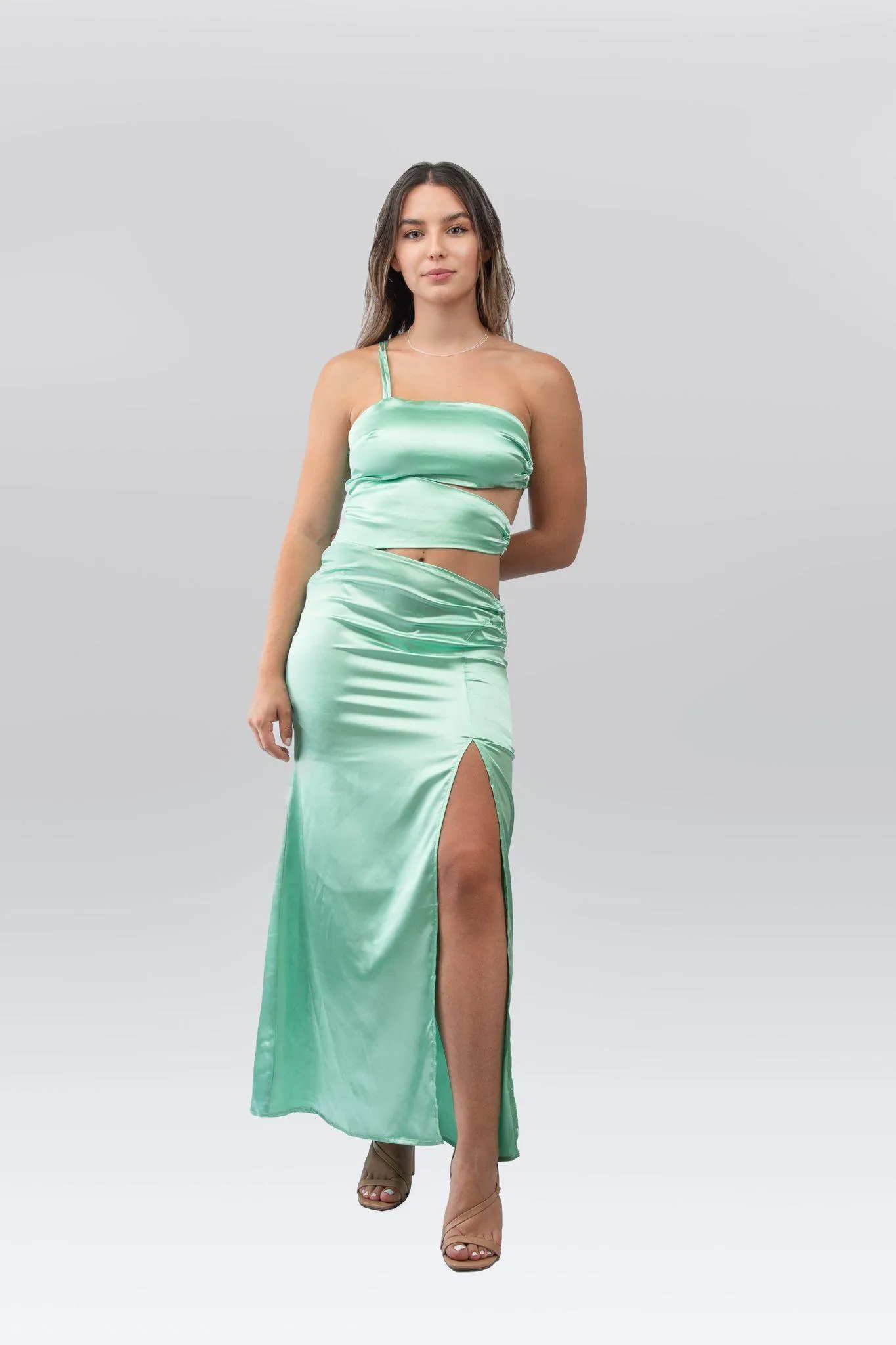 Triple O Ring Thigh Split Dress in Emerald Green