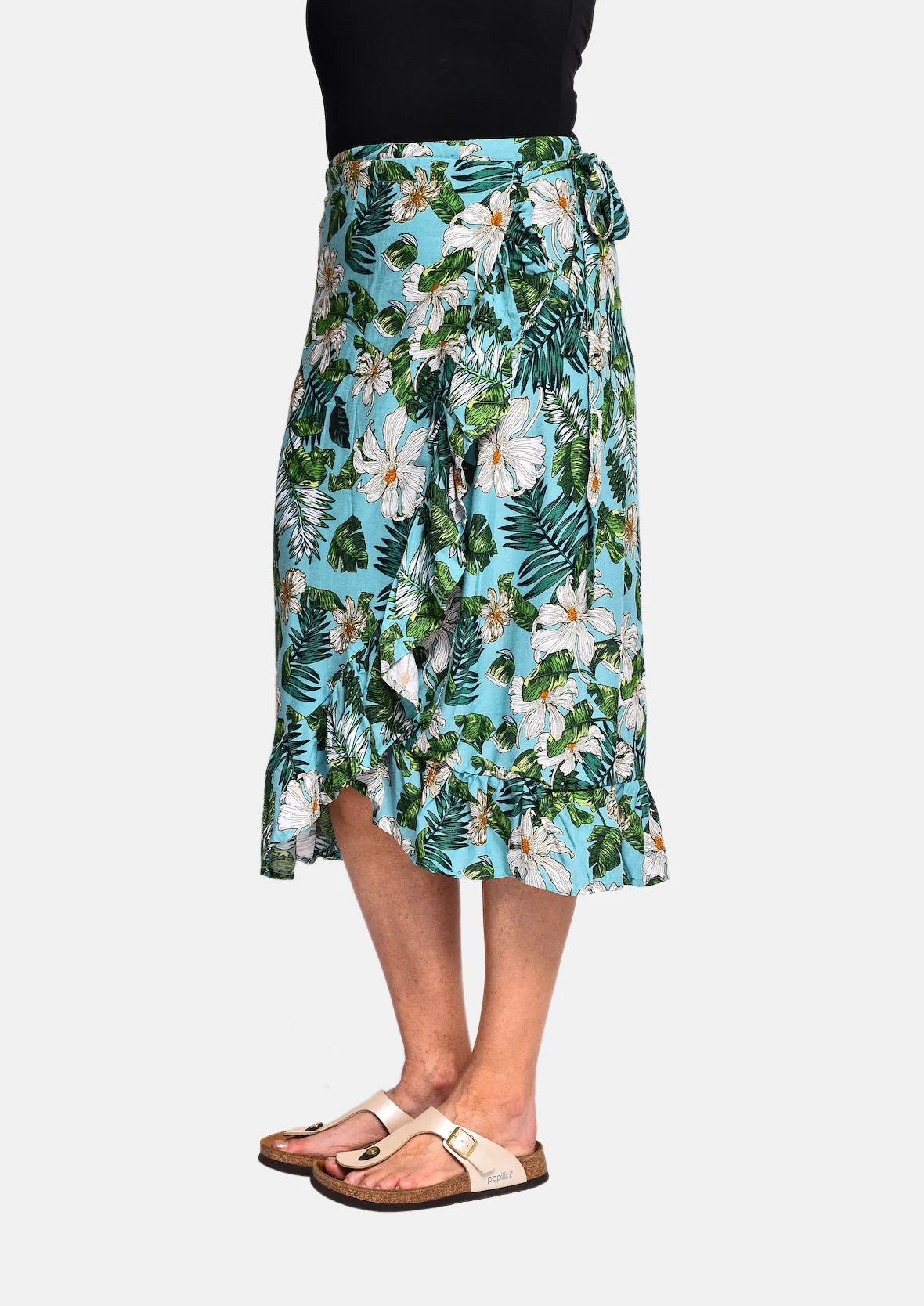 Tropical Print Ruffle Wrap Skirt