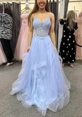 V Neck Lace Corset Horsehair Sky Blue Tulle Prom Dress Evening Gown