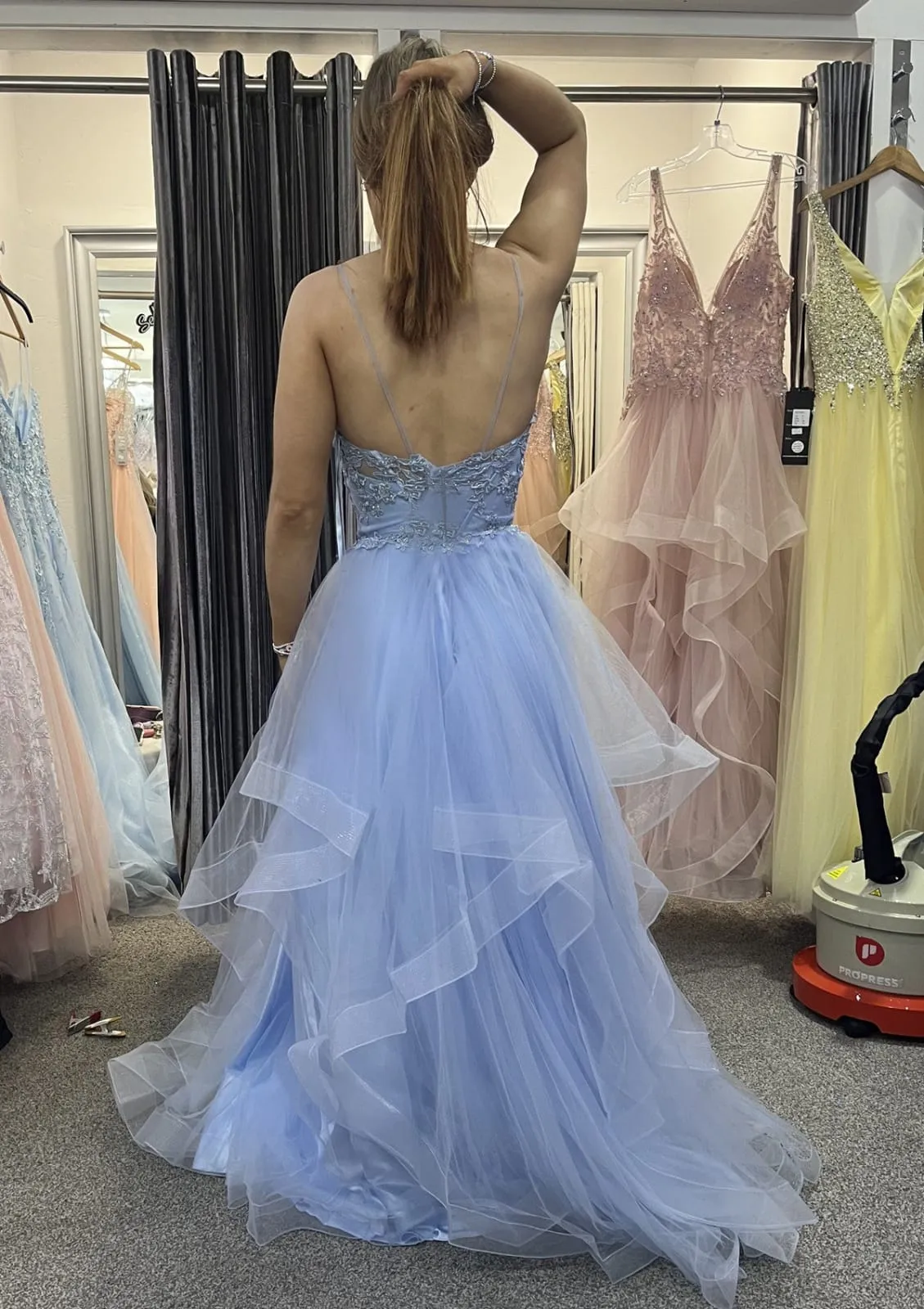 V Neck Lace Corset Horsehair Sky Blue Tulle Prom Dress Evening Gown