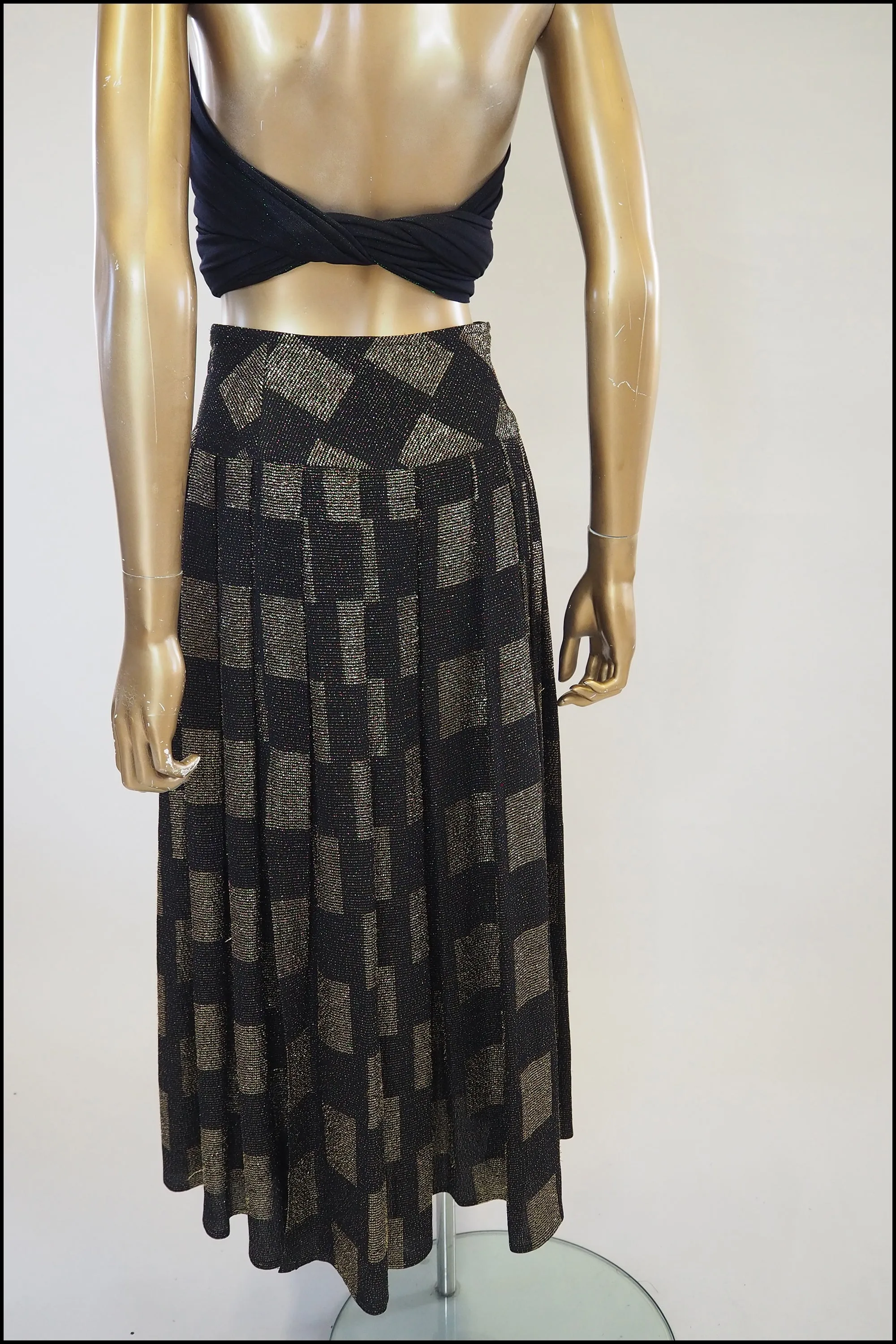 Vintage 1980s Black Gold Metallic Midi Skirt