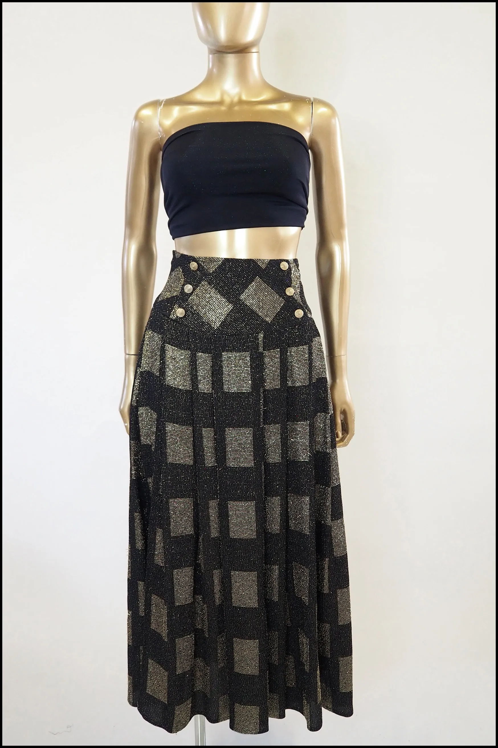 Vintage 1980s Black Gold Metallic Midi Skirt