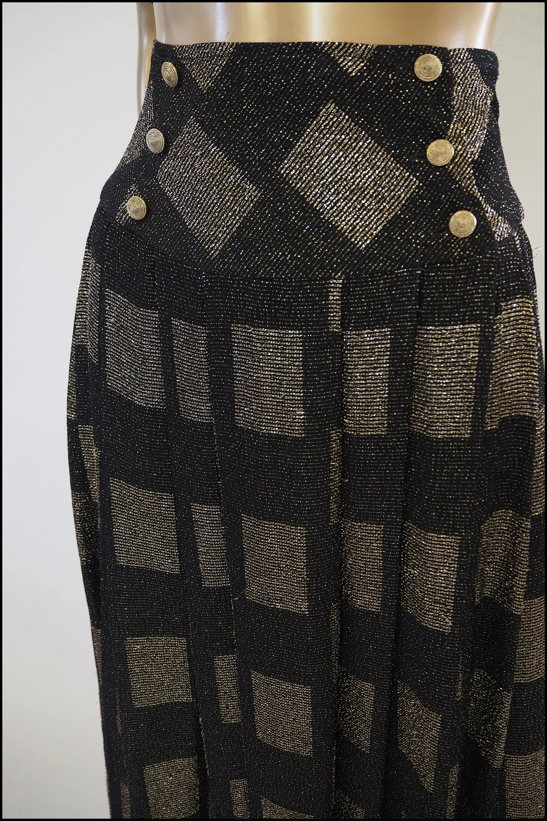 Vintage 1980s Black Gold Metallic Midi Skirt