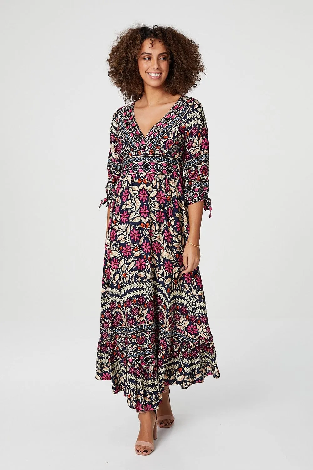 Vintage Floral 3/4 Sleeve Maxi Dress