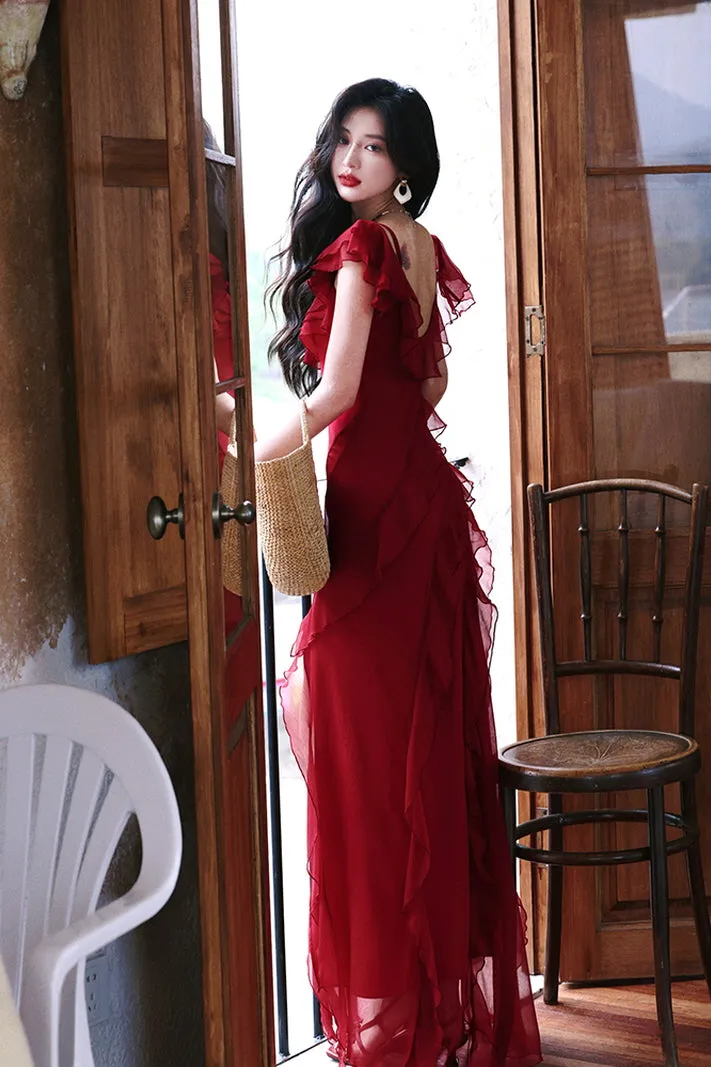 Vintage Red Off-Shoulder Maxi Dress with Ruffled Slit Skirt