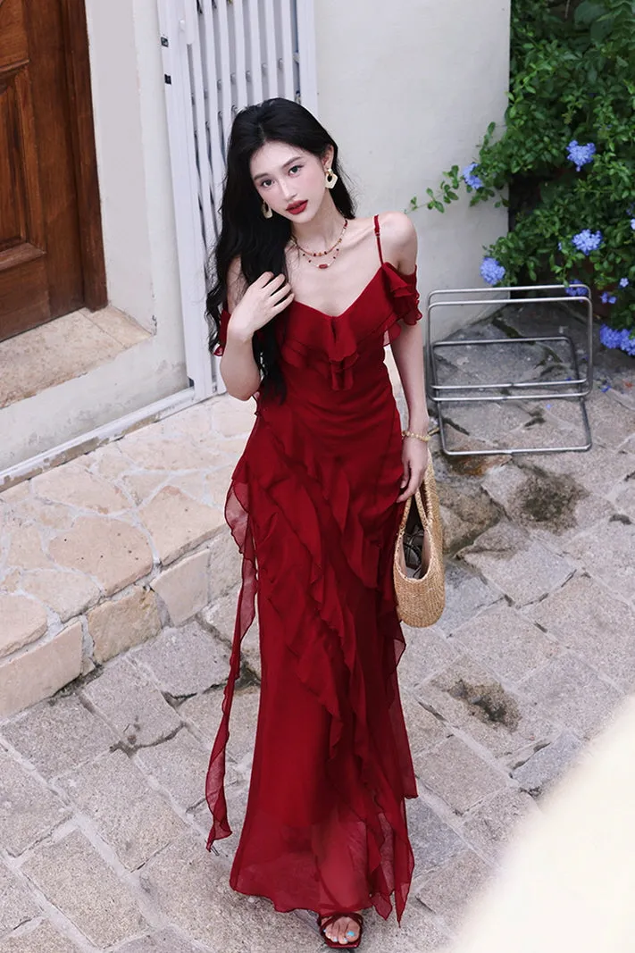 Vintage Red Off-Shoulder Maxi Dress with Ruffled Slit Skirt