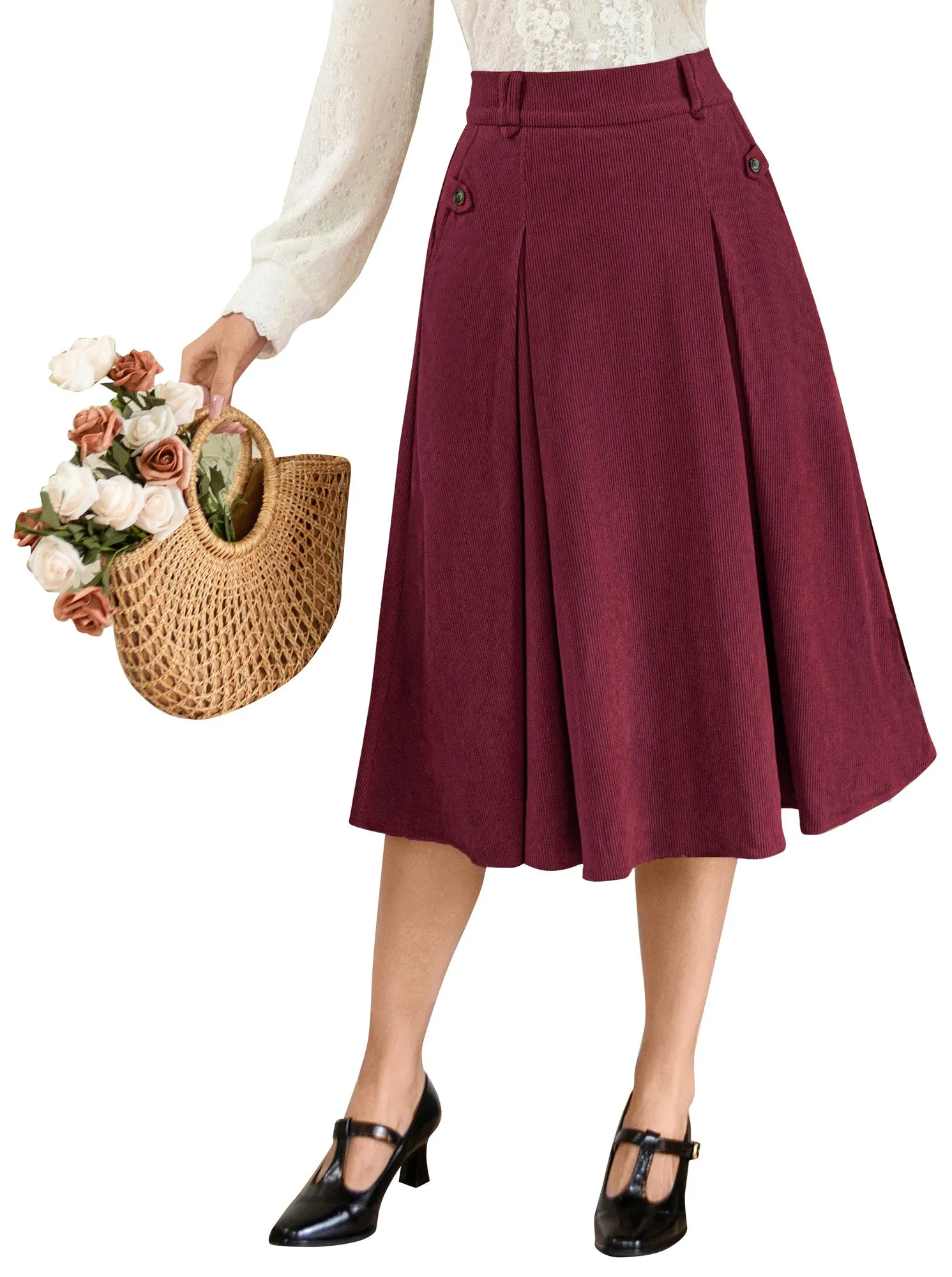 Vintage Swing Skirt Elastic Waist Flared A-Line Mid-Calf Skirt