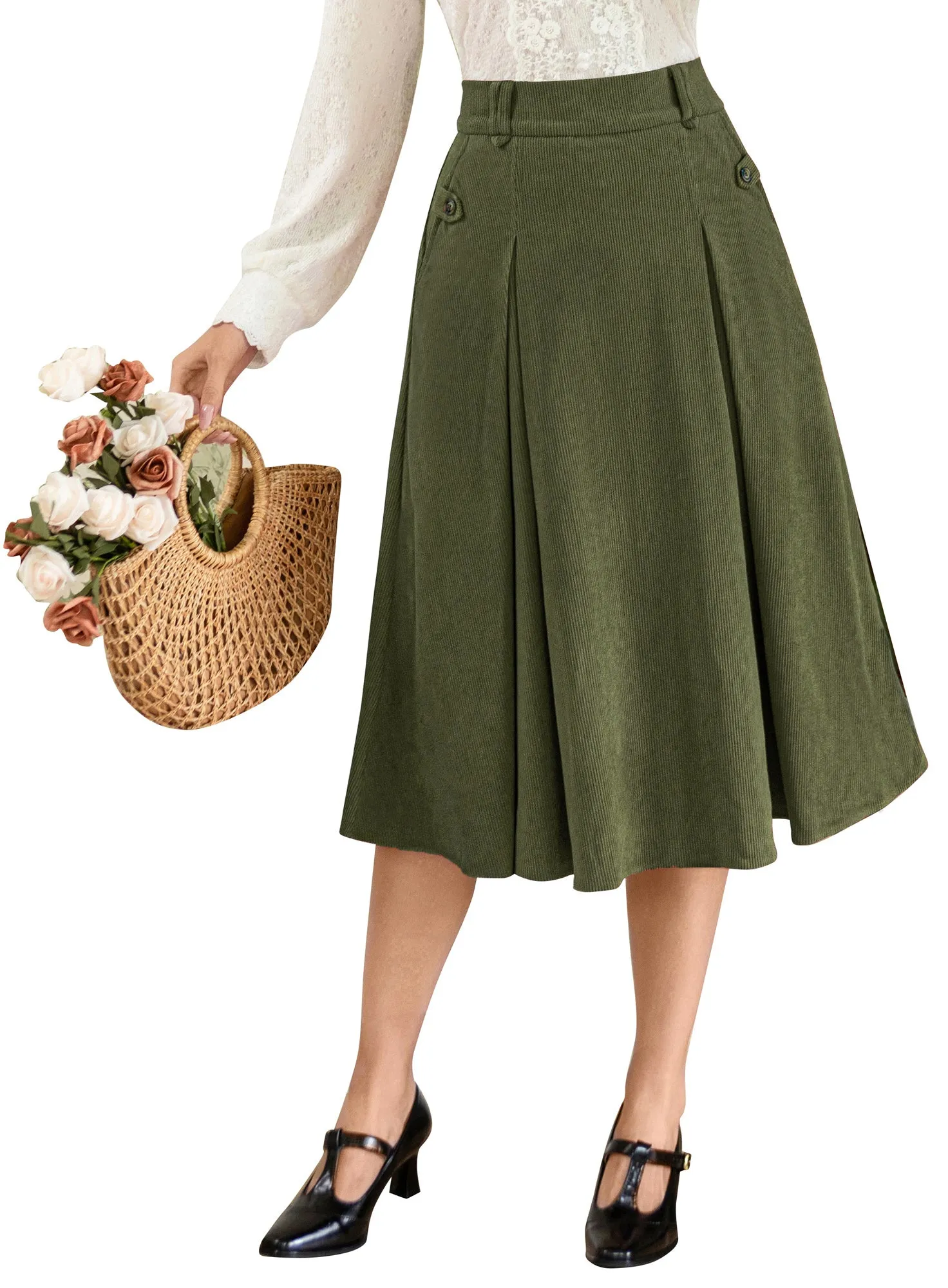 Vintage Swing Skirt Elastic Waist Flared A-Line Mid-Calf Skirt