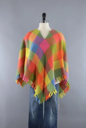 Vintage Wool Poncho Cape / Bright Pink and Orange Check