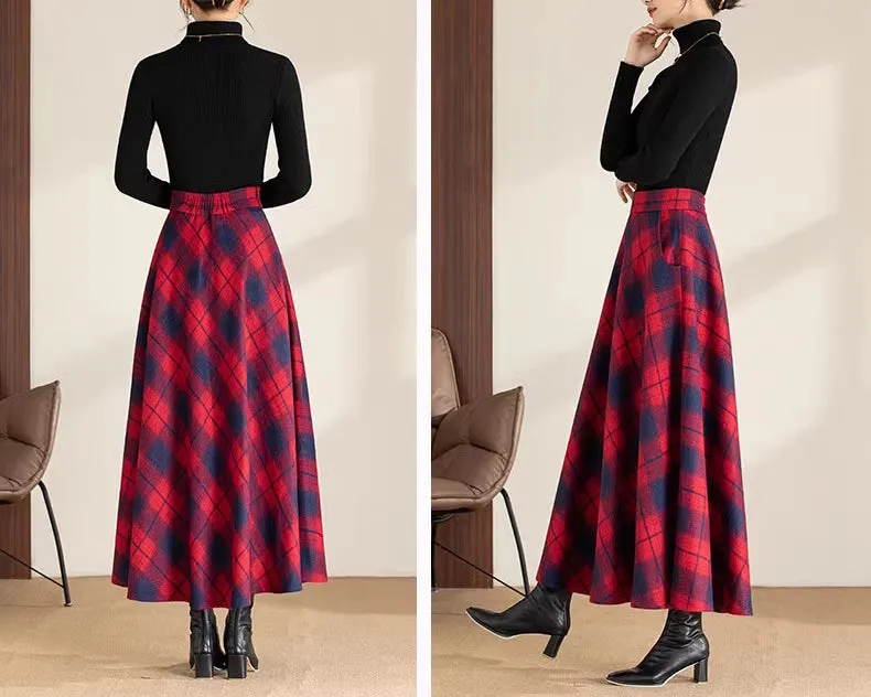 Winter skirt/Maxi skirt/Plaid skirt/Wool skirt/a-line skirt/long skirt/elastic waist skirt/skirt with pockets A0081