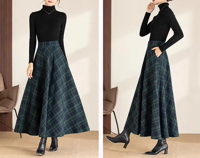 Winter skirt/Maxi skirt/Plaid skirt/Wool skirt/a-line skirt/long skirt/elastic waist skirt/skirt with pockets A0081